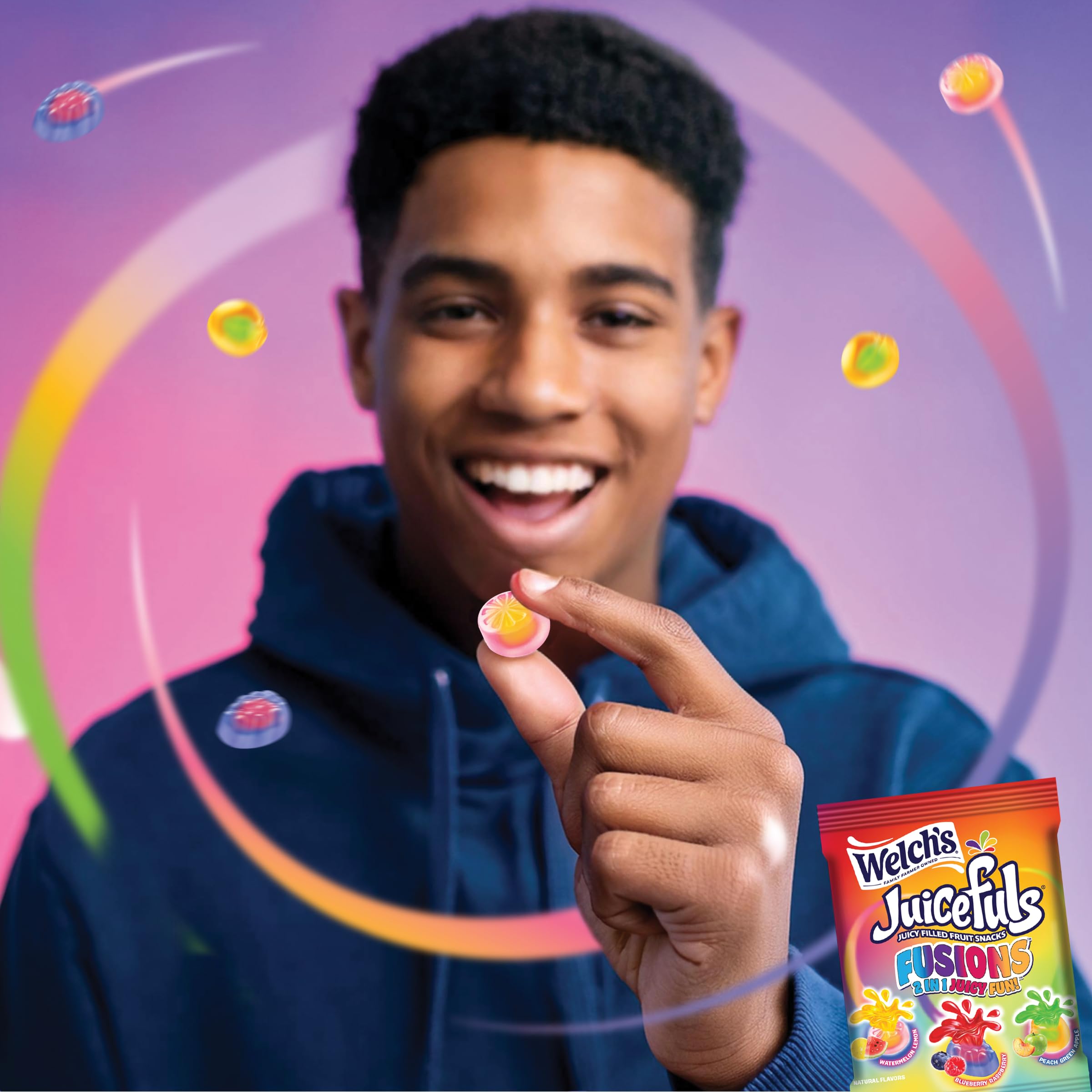 Welch's Juicefuls Fusions natural colors and flavors, vibrant fruit-forward appeal.