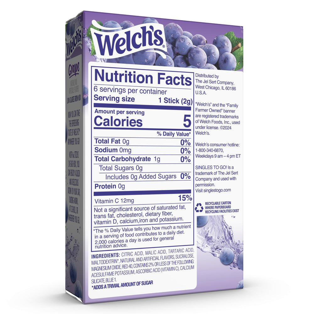 Welch's Singles To Go grape boxes display six-packet sachets.