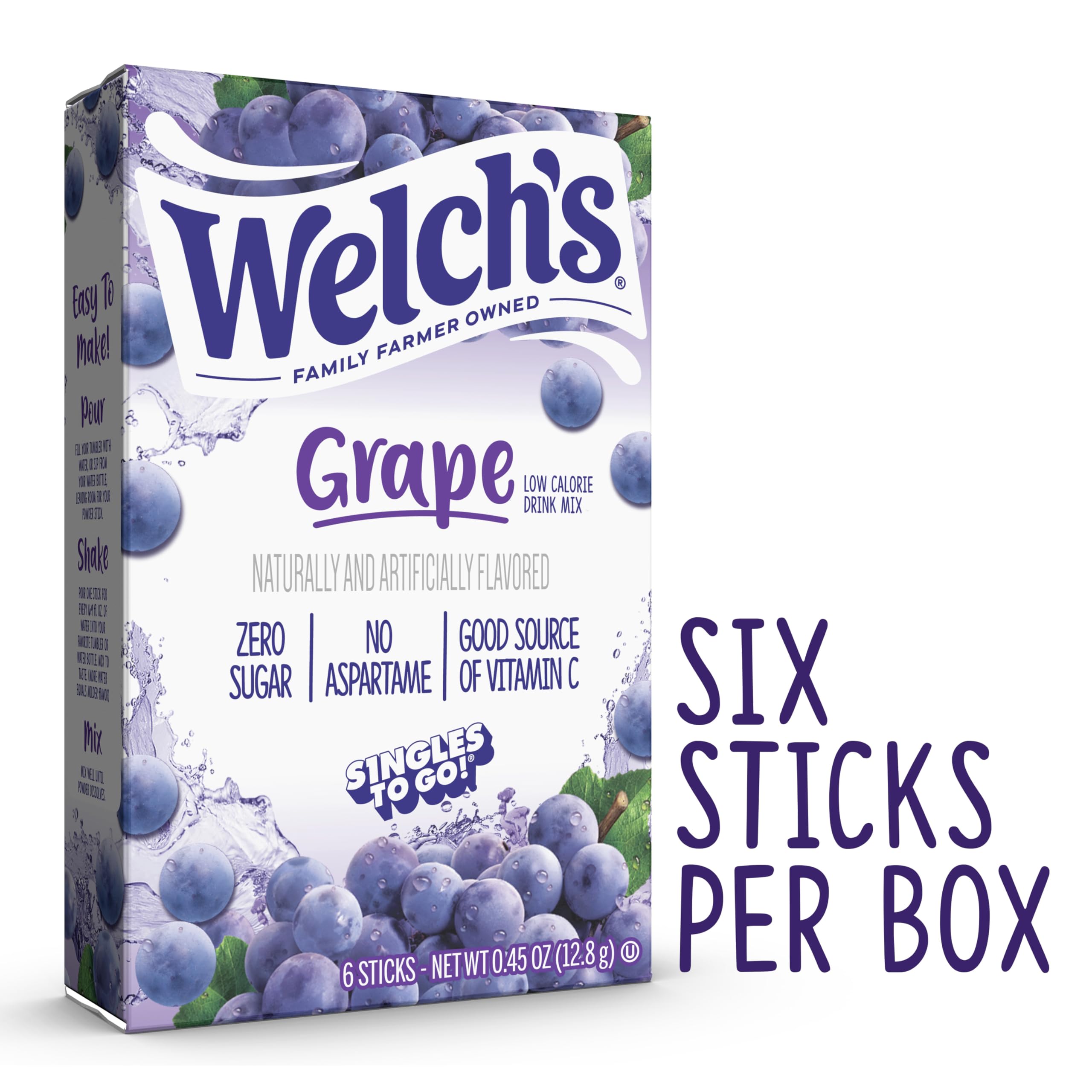 Welch's Singles To Go grape packets stirred into water for a refreshing sip.