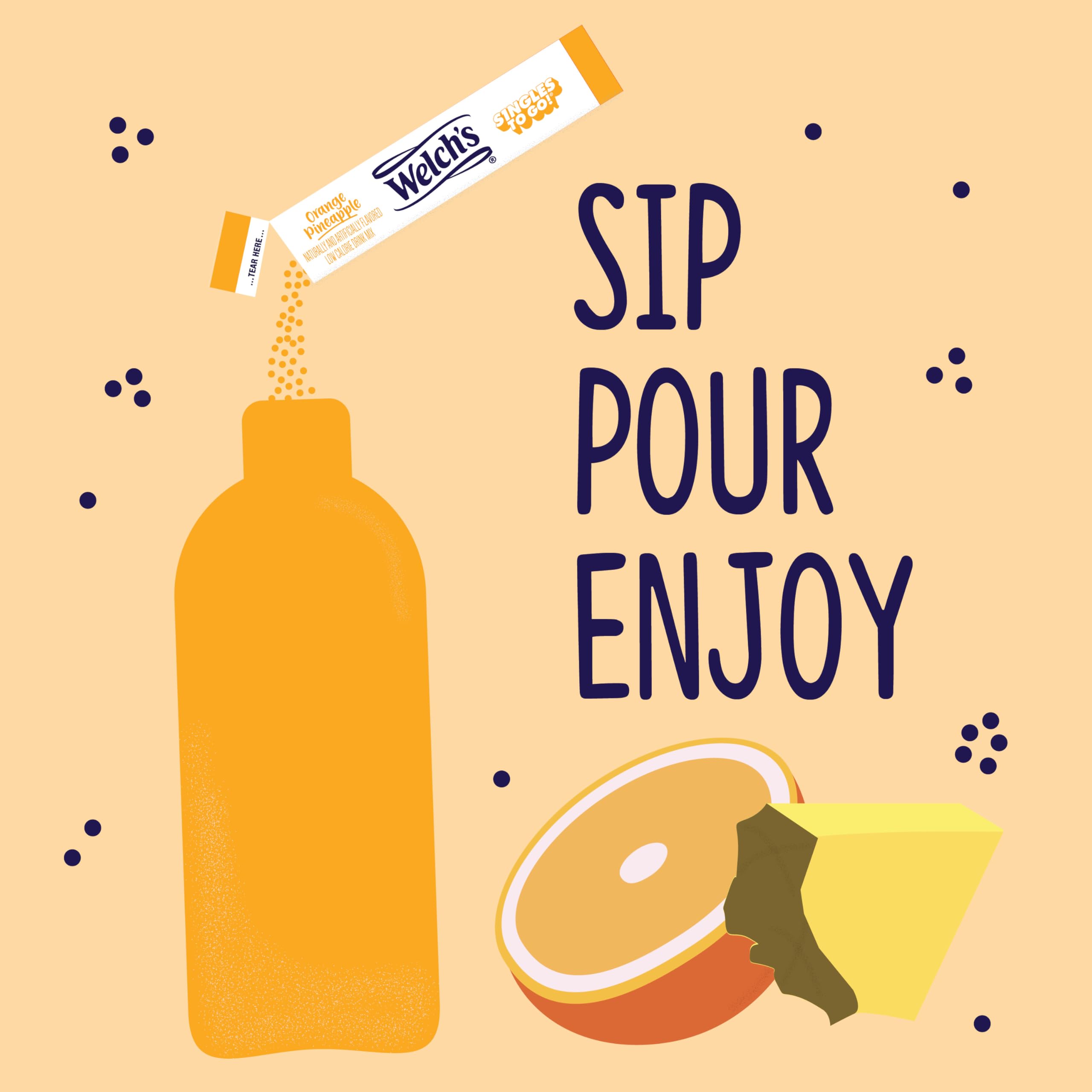 Ingredients and packaging of Welch's Singles To Go Orange Pineapple mix.