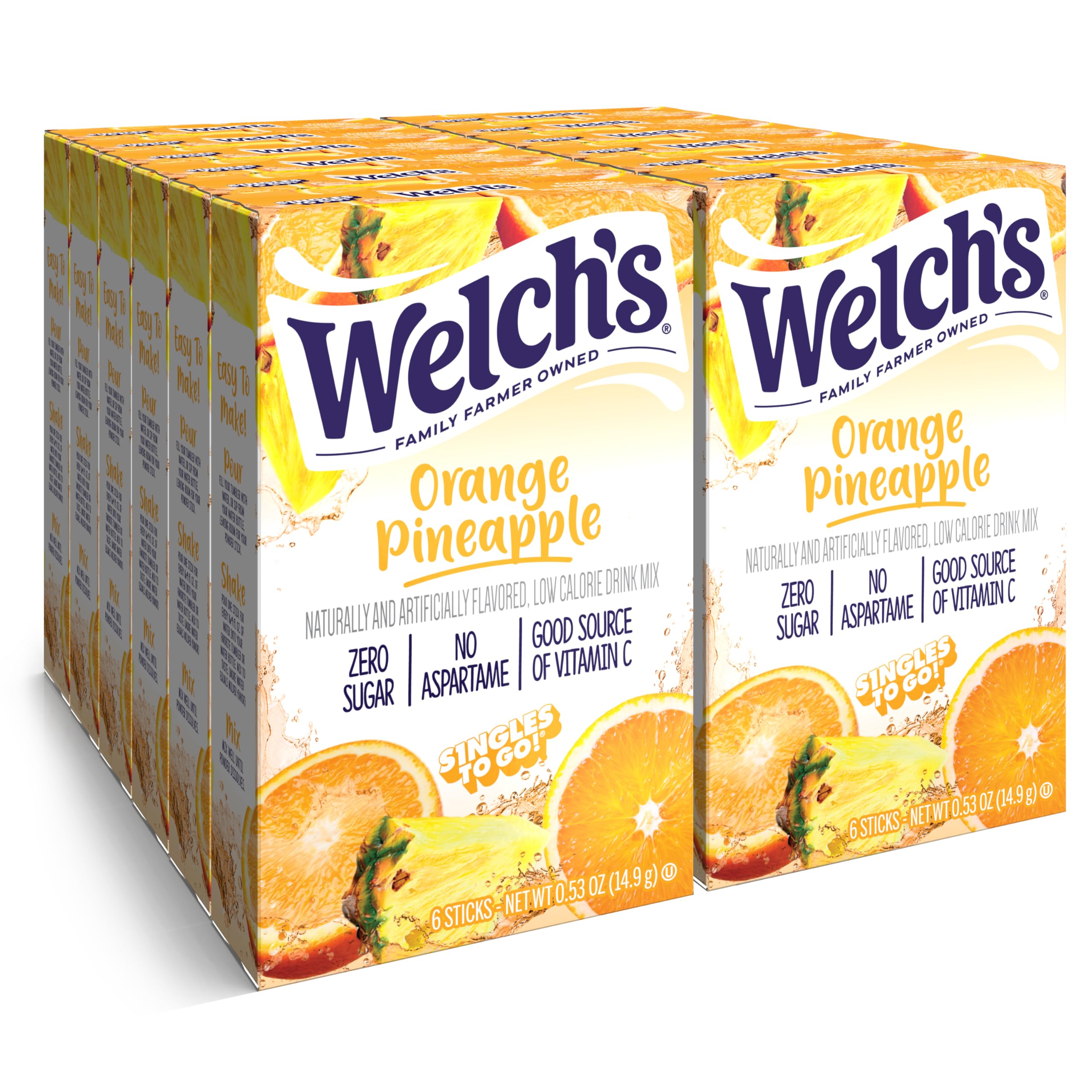 Welch's Singles To Go Orange Pineapple packet flavoring water on the go.