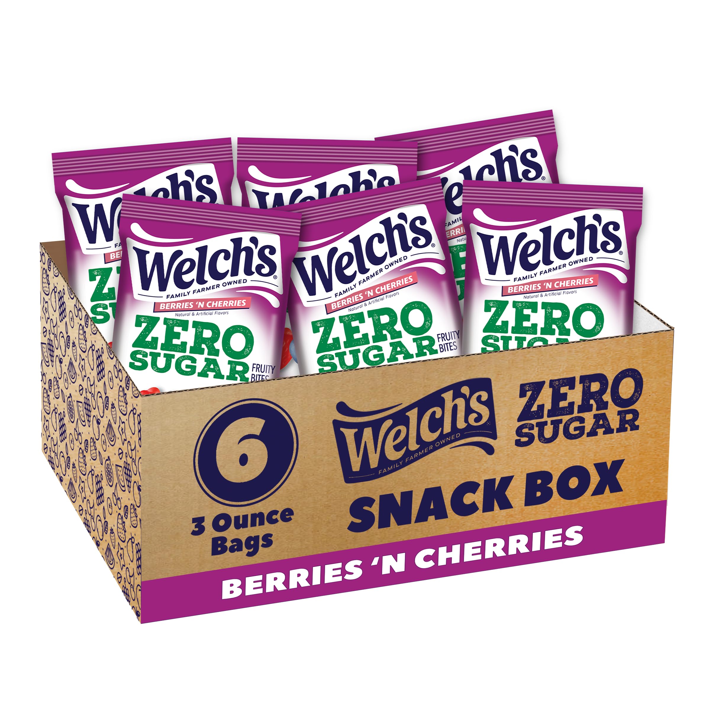 Welch's Zero Sugar Fruity Bites Berries 'n' Cherries box for on-the-go snacking.