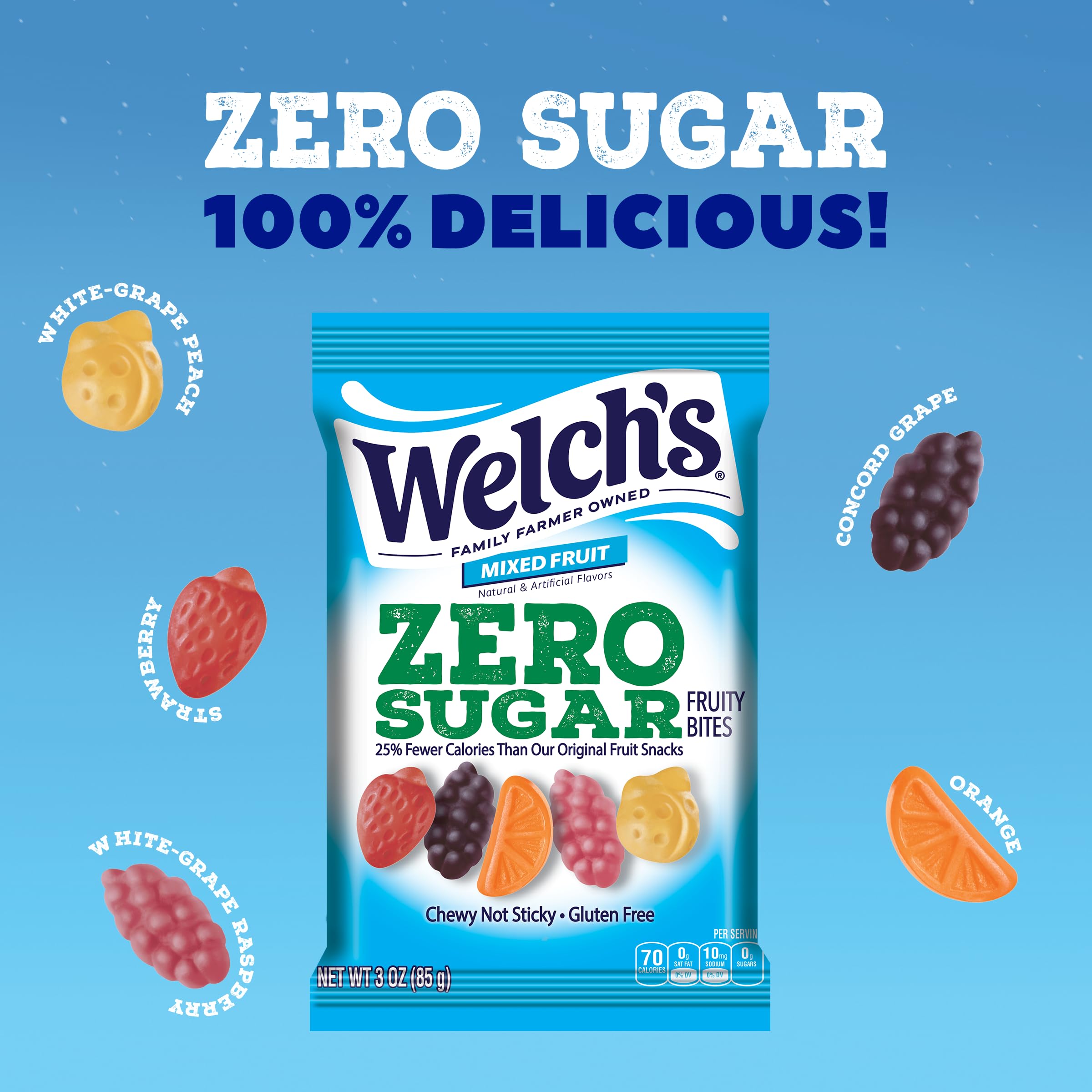 Welch's Zero Sugar Fruity Bites gluten free and fat free treat.