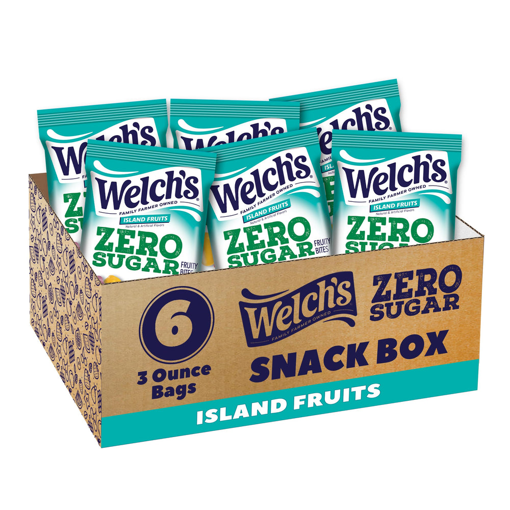 Welch's Zero Sugar Fruity Bites Island Fruits box front view, gluten-free and sugar-free snack