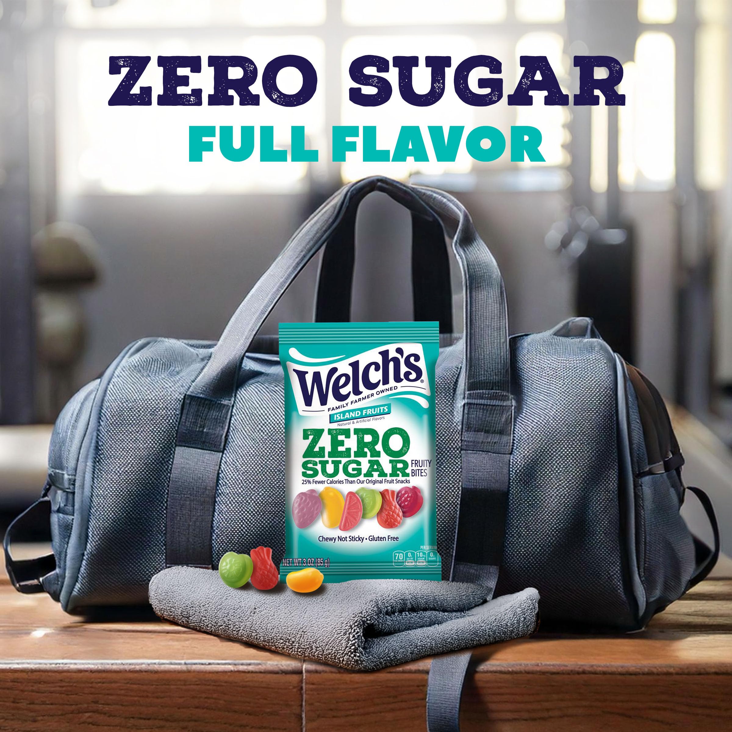 Welch's Zero Sugar Fruity Bites label closeup highlights sugar-free and gluten-free attributes
