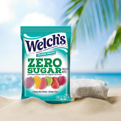 Welch's Zero Sugar Fruity Bites outdoor scene with island fruits, travel-friendly snacking