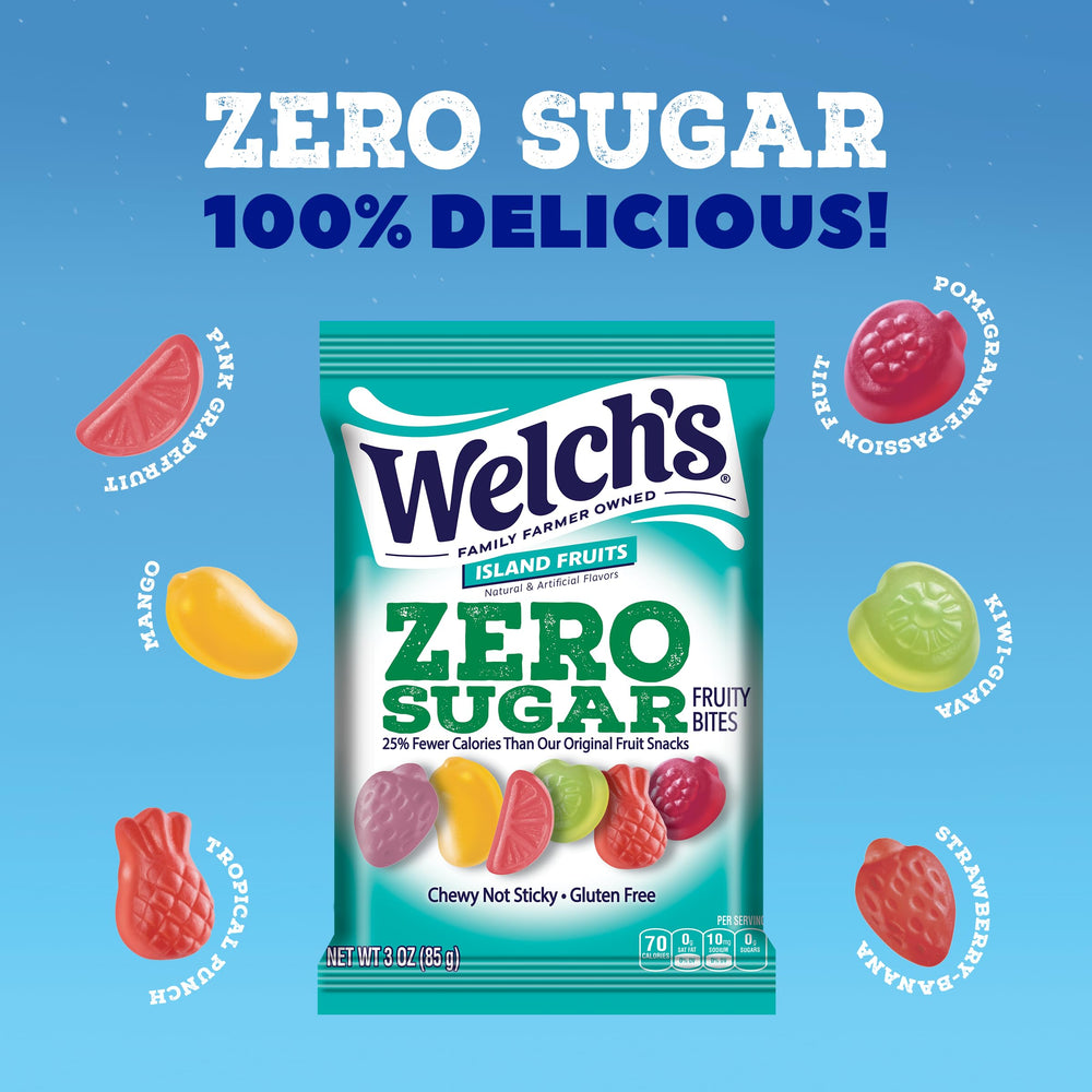 Welch's Zero Sugar Fruity Bites hand-hold with portable 3oz snack for busy days