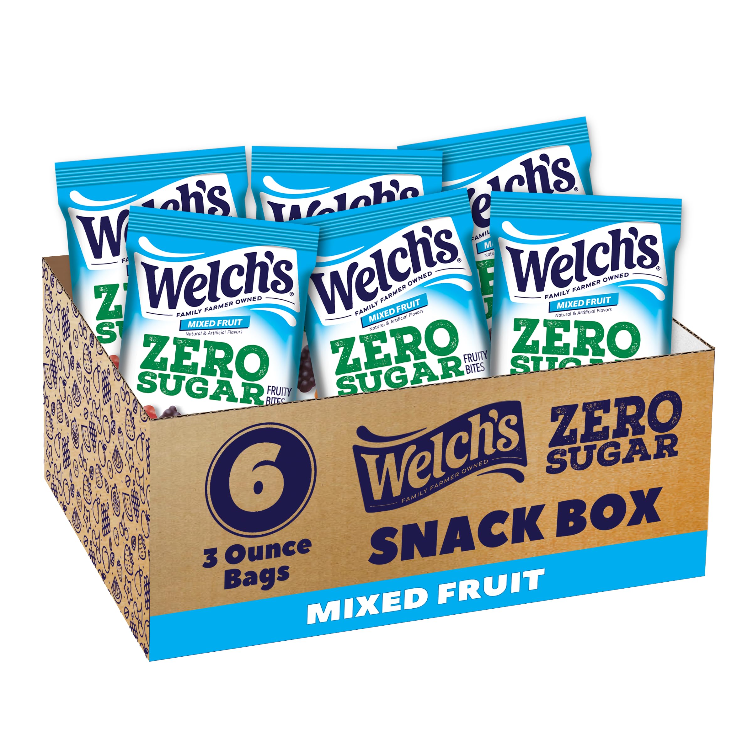 Welch's Zero Sugar Fruity Bites Mixed Fruit box shows gluten free on the go snacking.