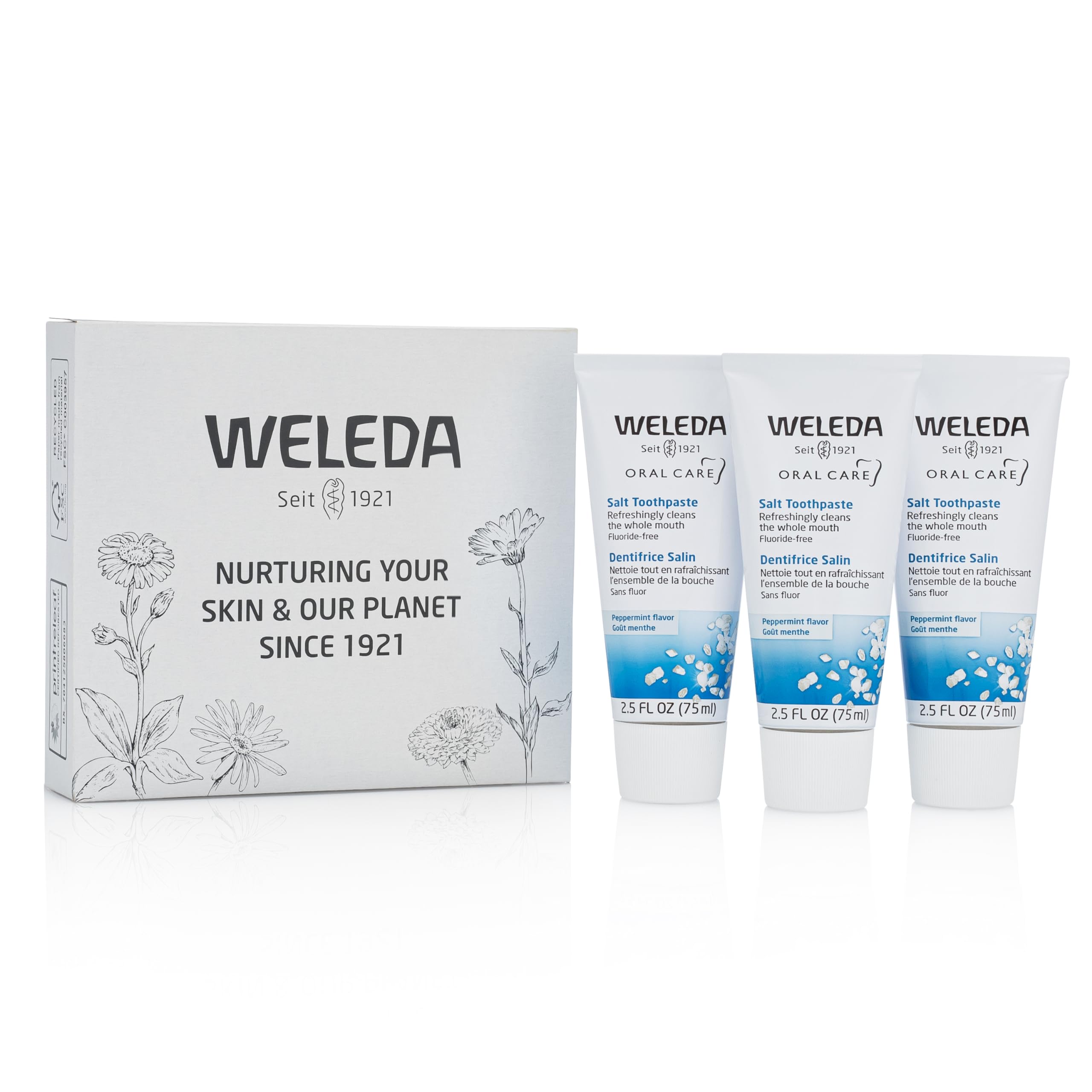 Weleda Natural Salt Toothpaste texture with sea salt detail highlighting natural ingredients.