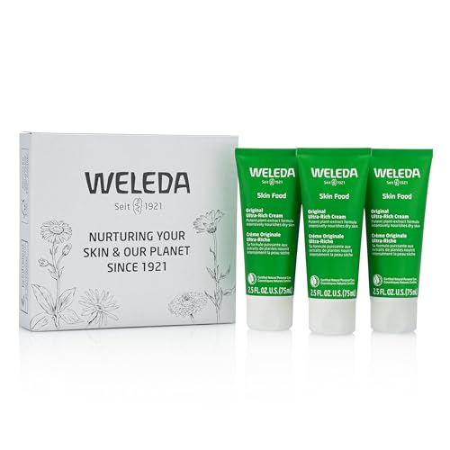 Weleda Skin Food texture close-up shows rich cream for dry skin.