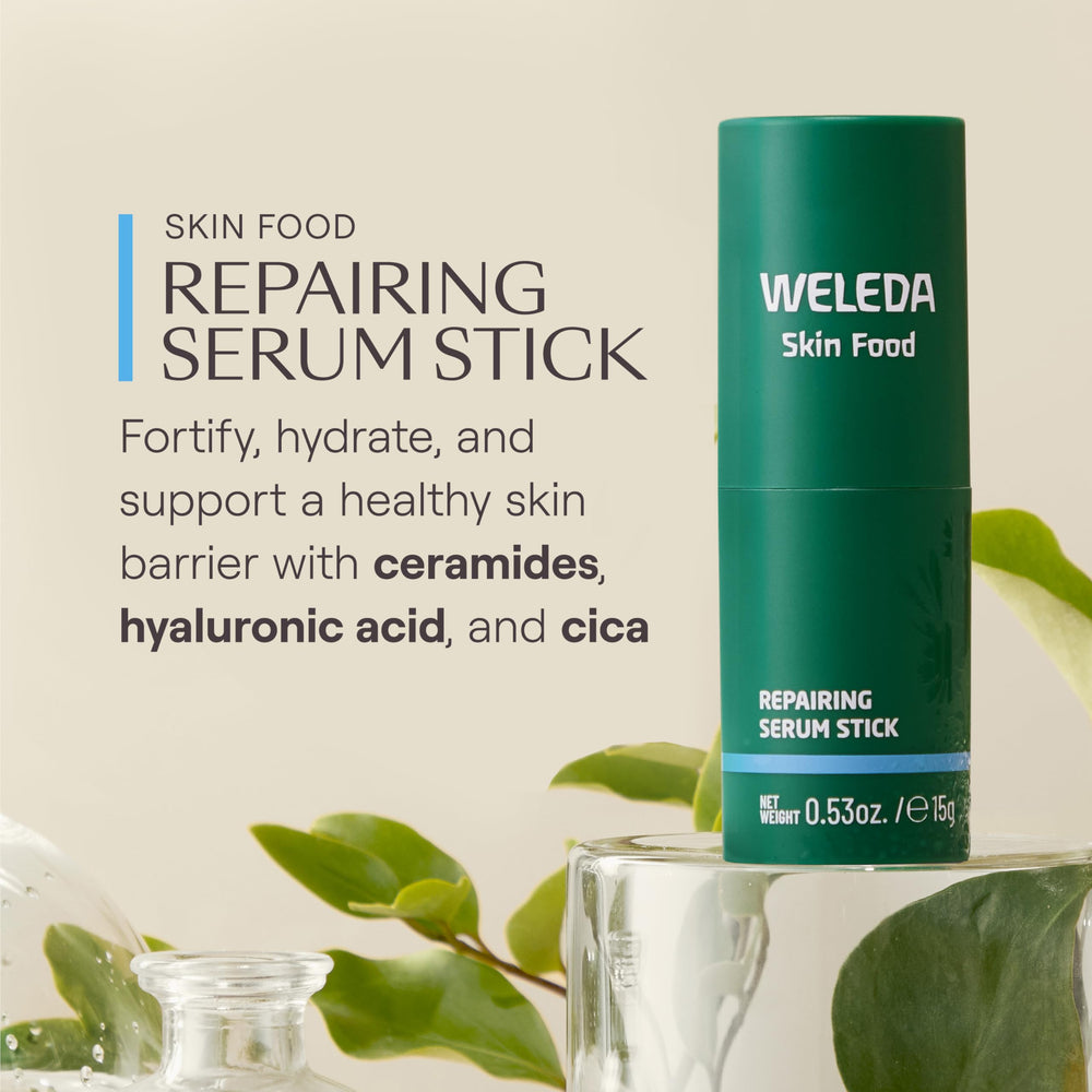 Weleda Skin Food Serum Stick close-up texture ready for smooth application.