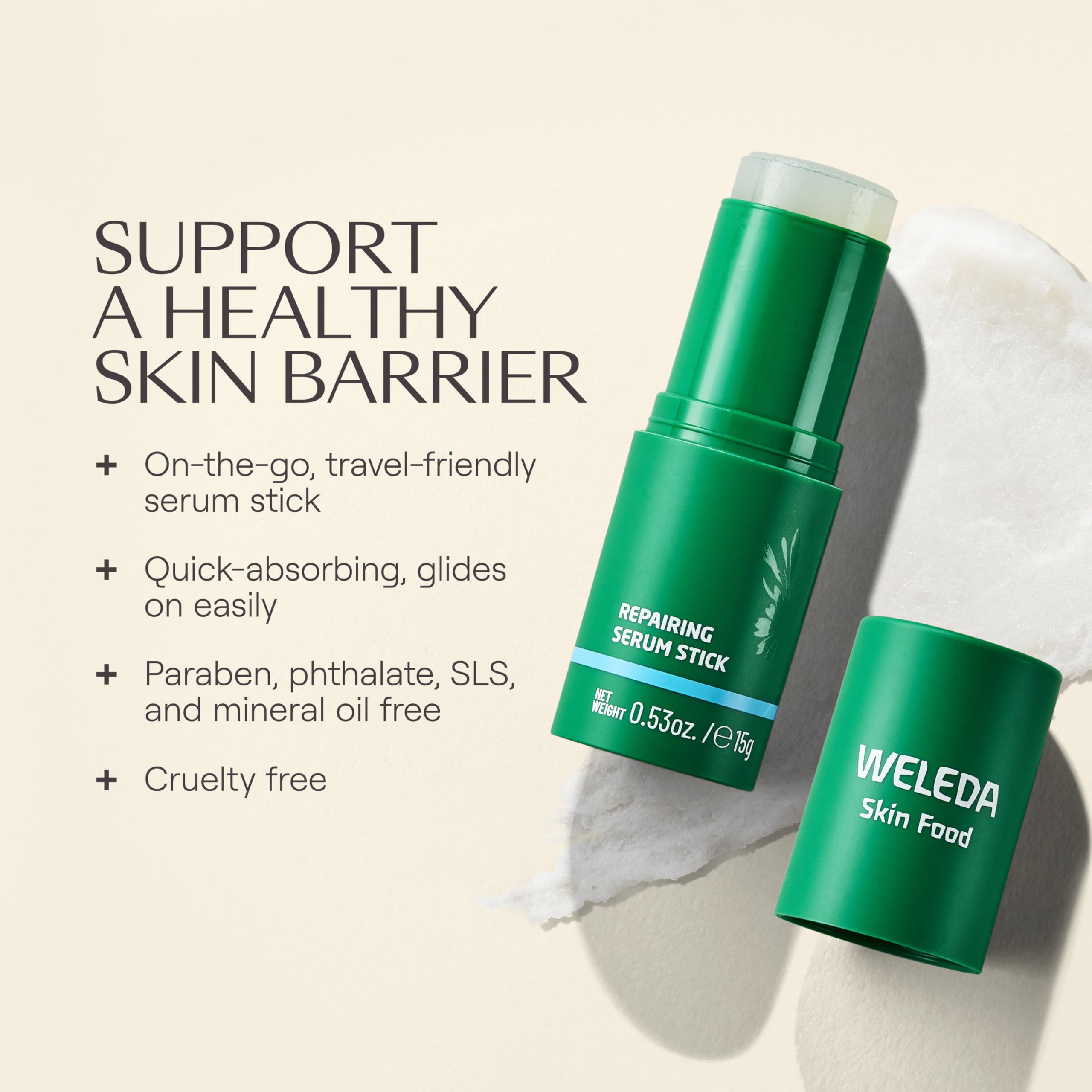 Weleda Skin Food Serum Stick under makeup for a plump, dewy base.
