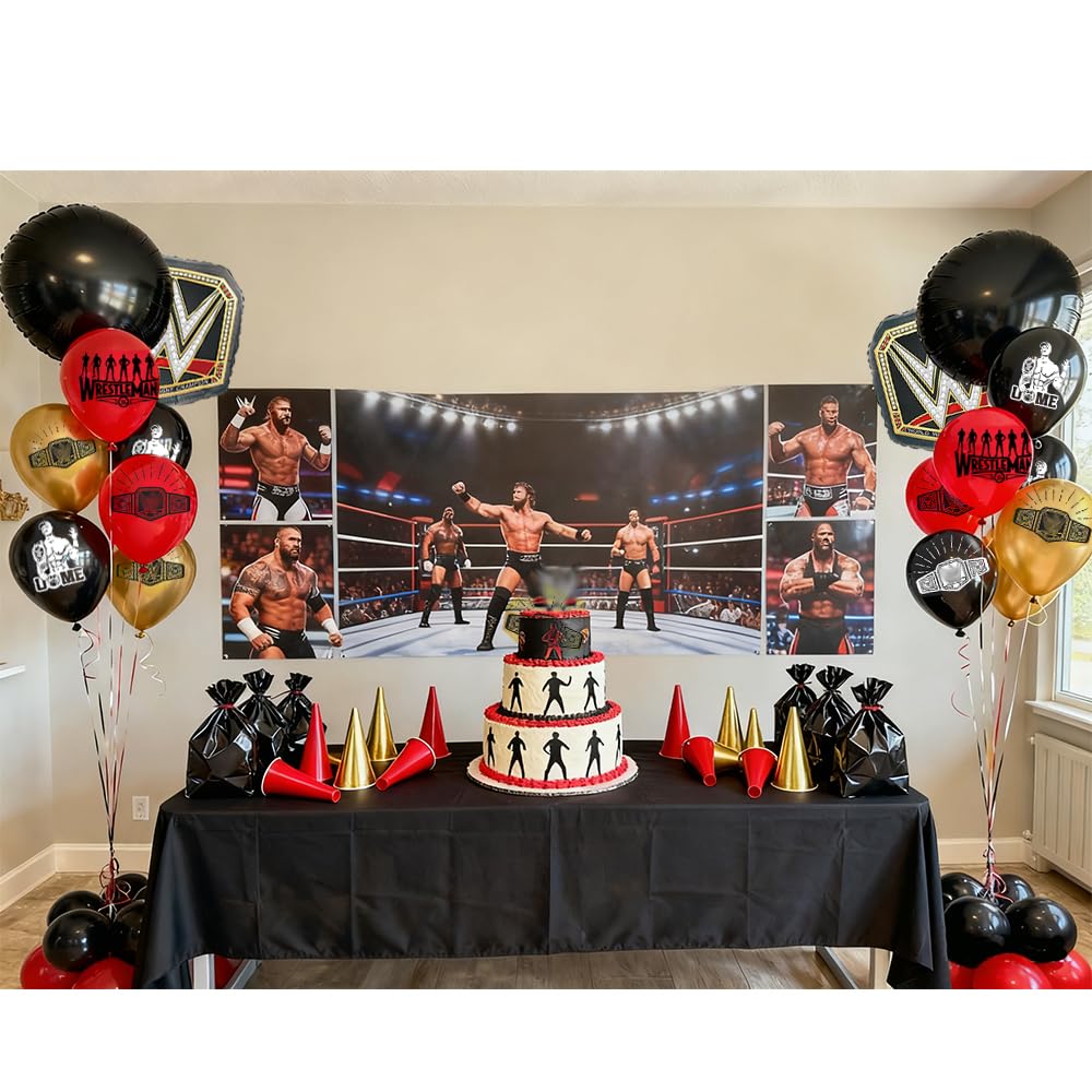 Weletric wrestling party decorations feature bold prints for a festive boxing match vibe.