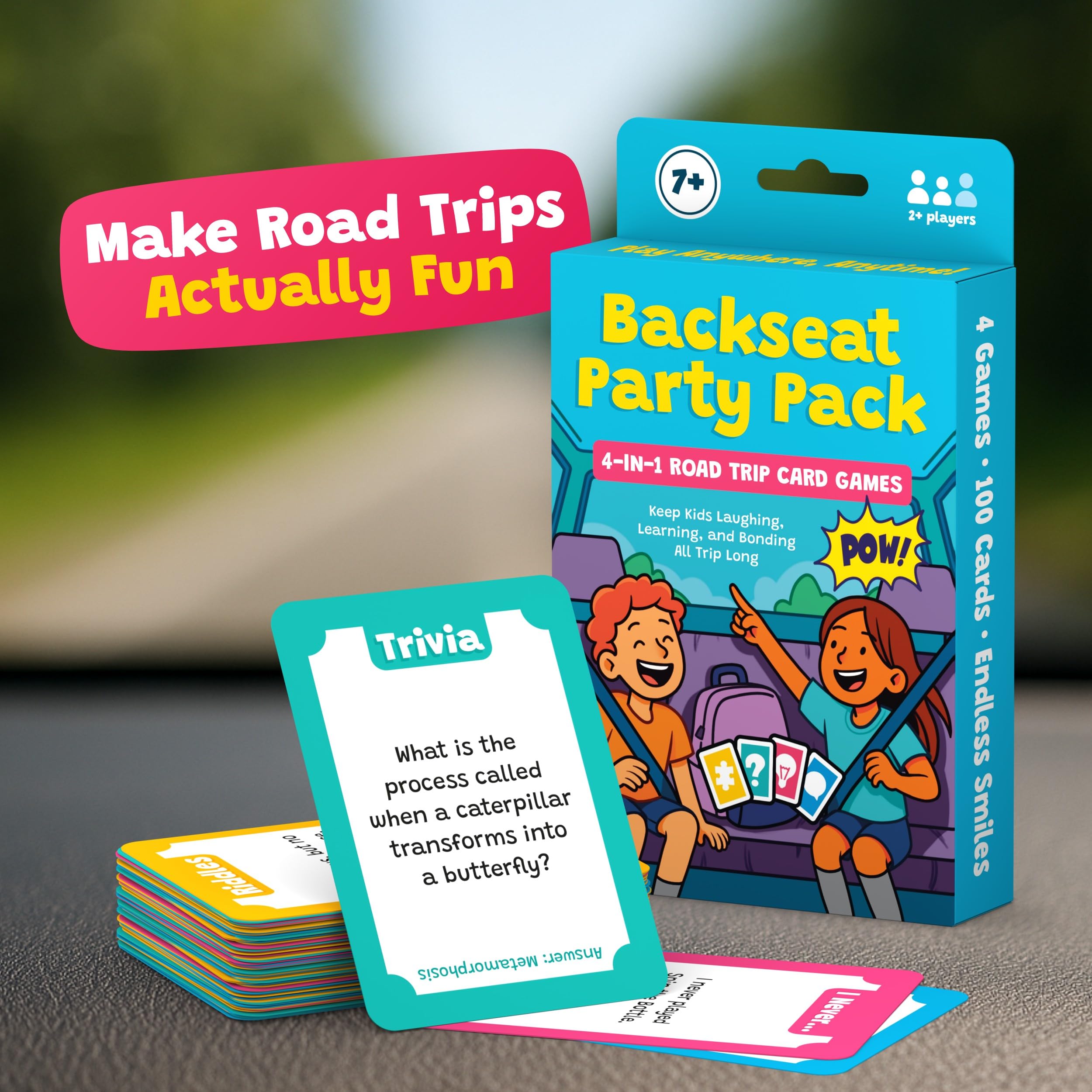 Well Balanced road-trip-games cards contents preview riddles and trivia for kids.