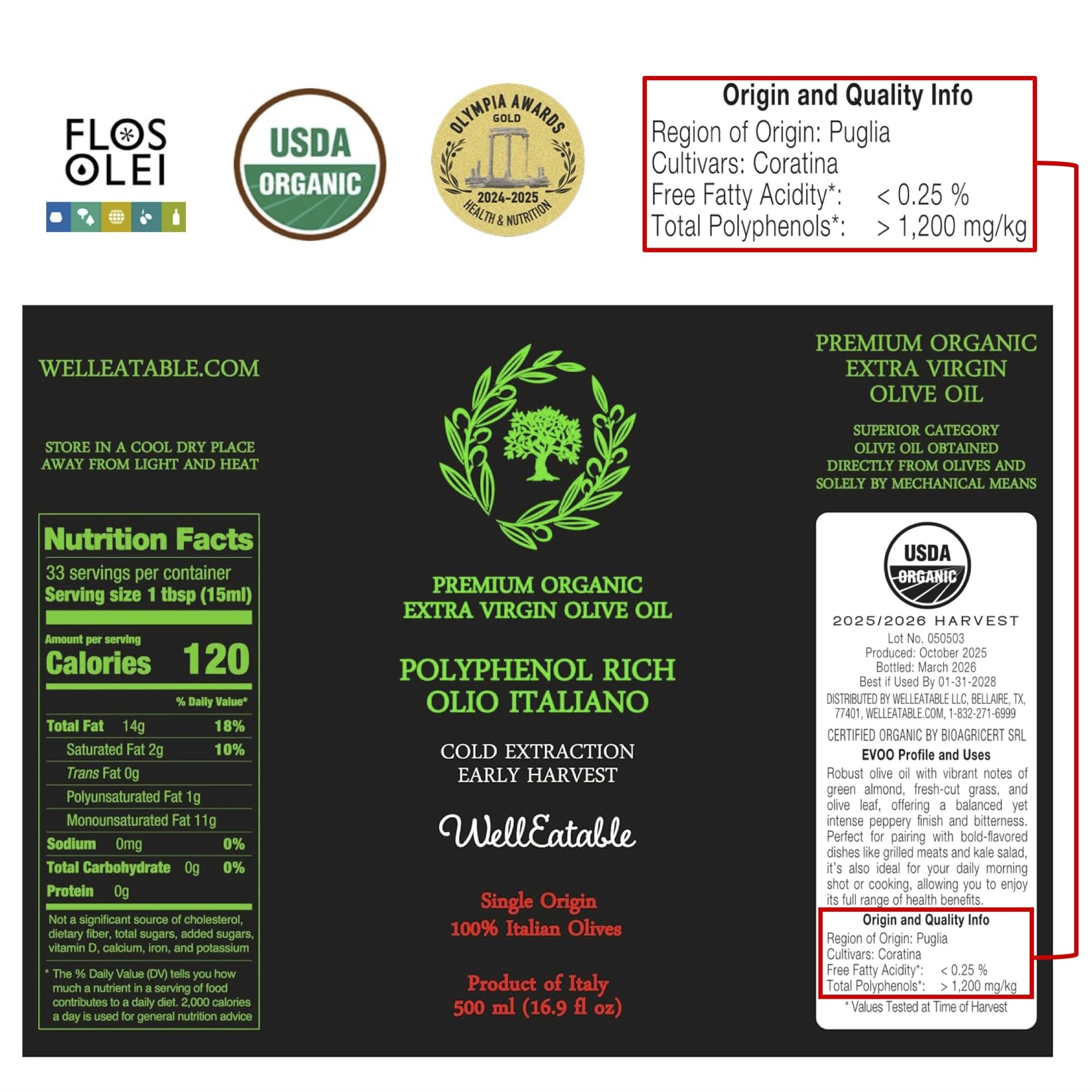 WellEatable early harvest olive oil label signals peak freshness and quality.