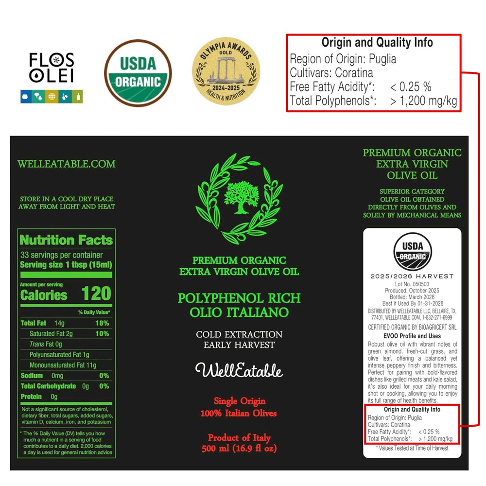 WellEatable early harvest olive oil label signals peak freshness and quality.