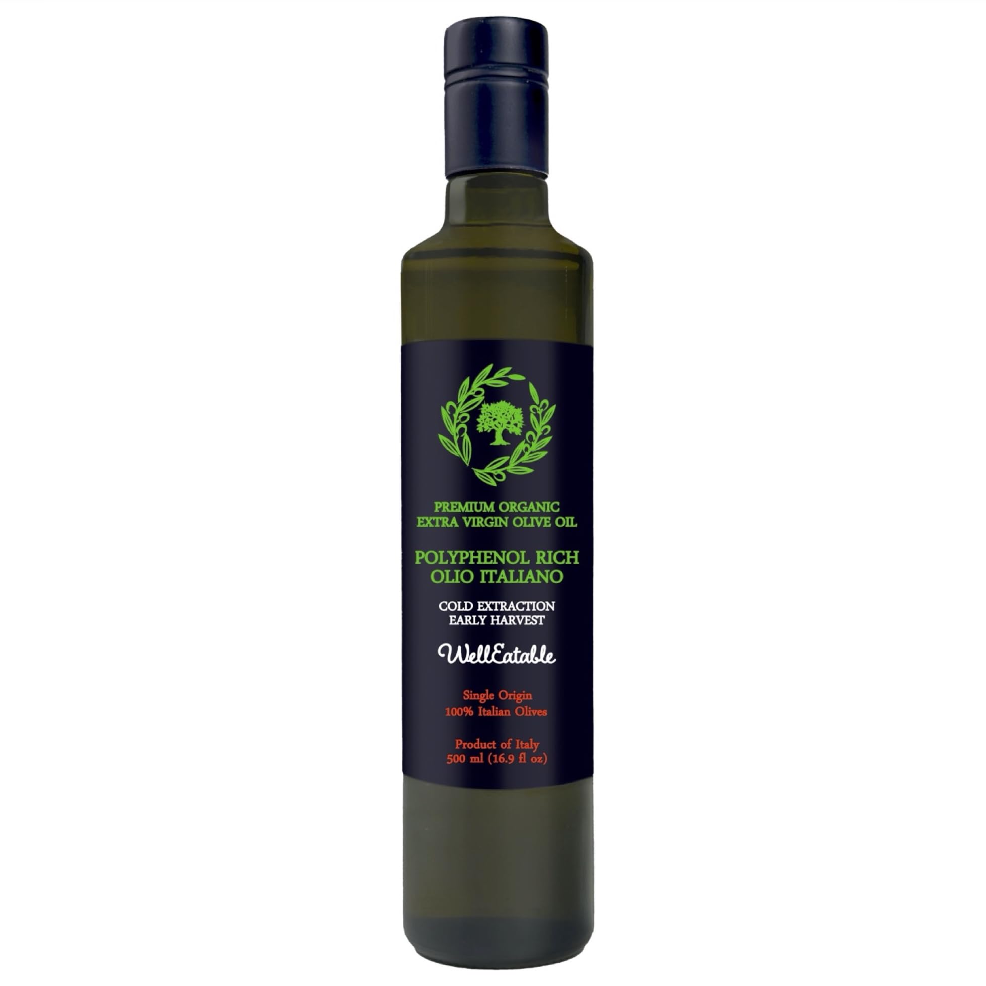 WellEatable high polyphenol olive oil bottle highlights premium polyphenols for vibrant flavor.