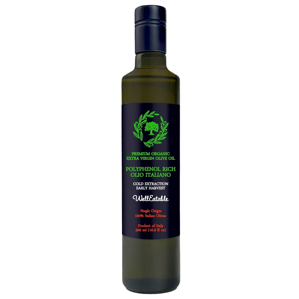 WellEatable high polyphenol olive oil bottle highlights premium polyphenols for vibrant flavor.