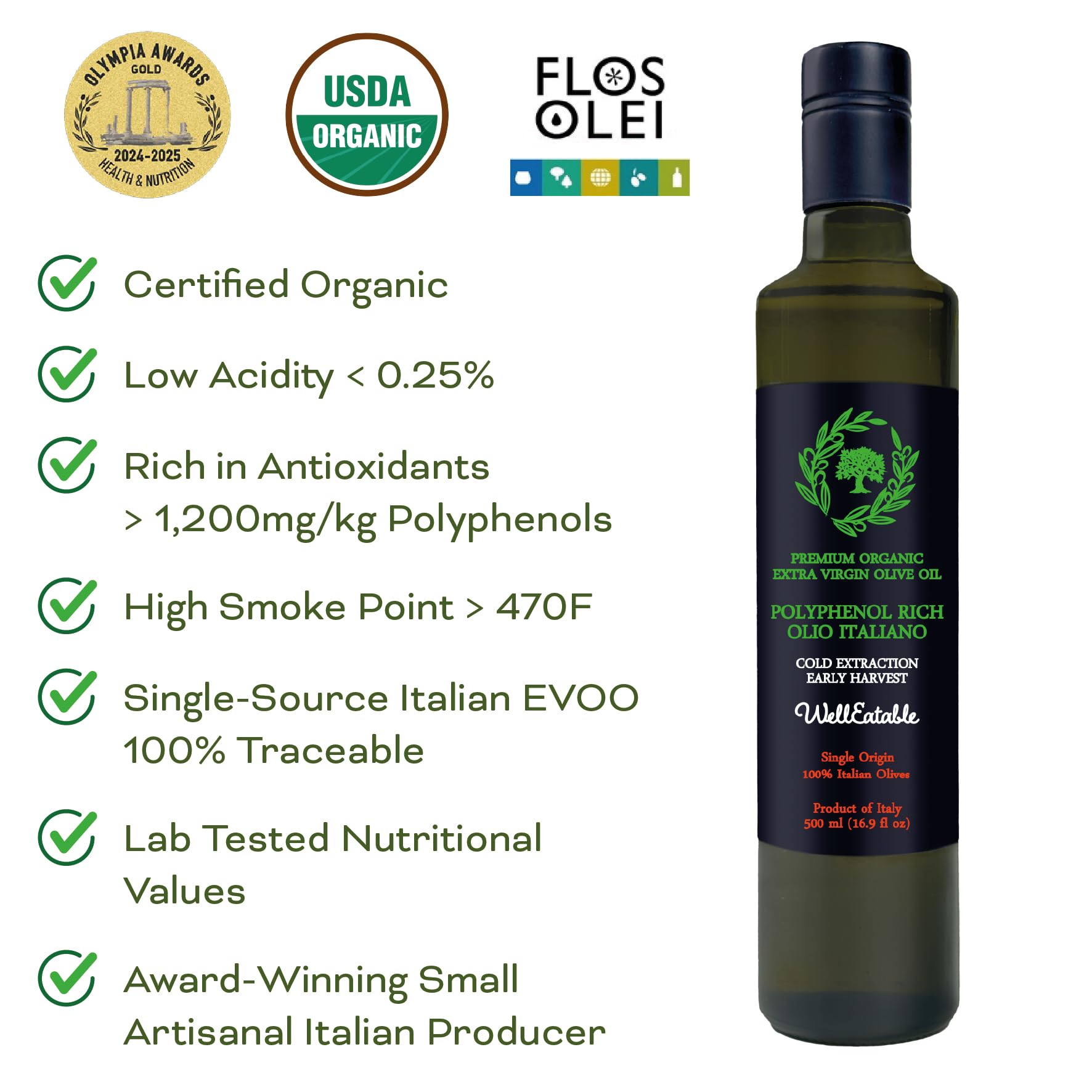 WellEatable olive oil glass pour captures rich aroma for finishing dishes.
