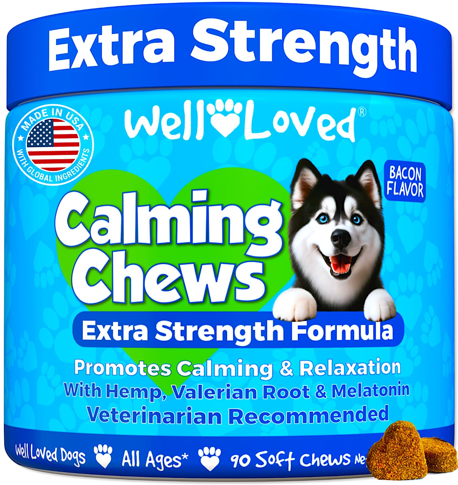 Well Loved Calming Chews for Dogs bottle displaying bacon flavor for gentle relaxation.