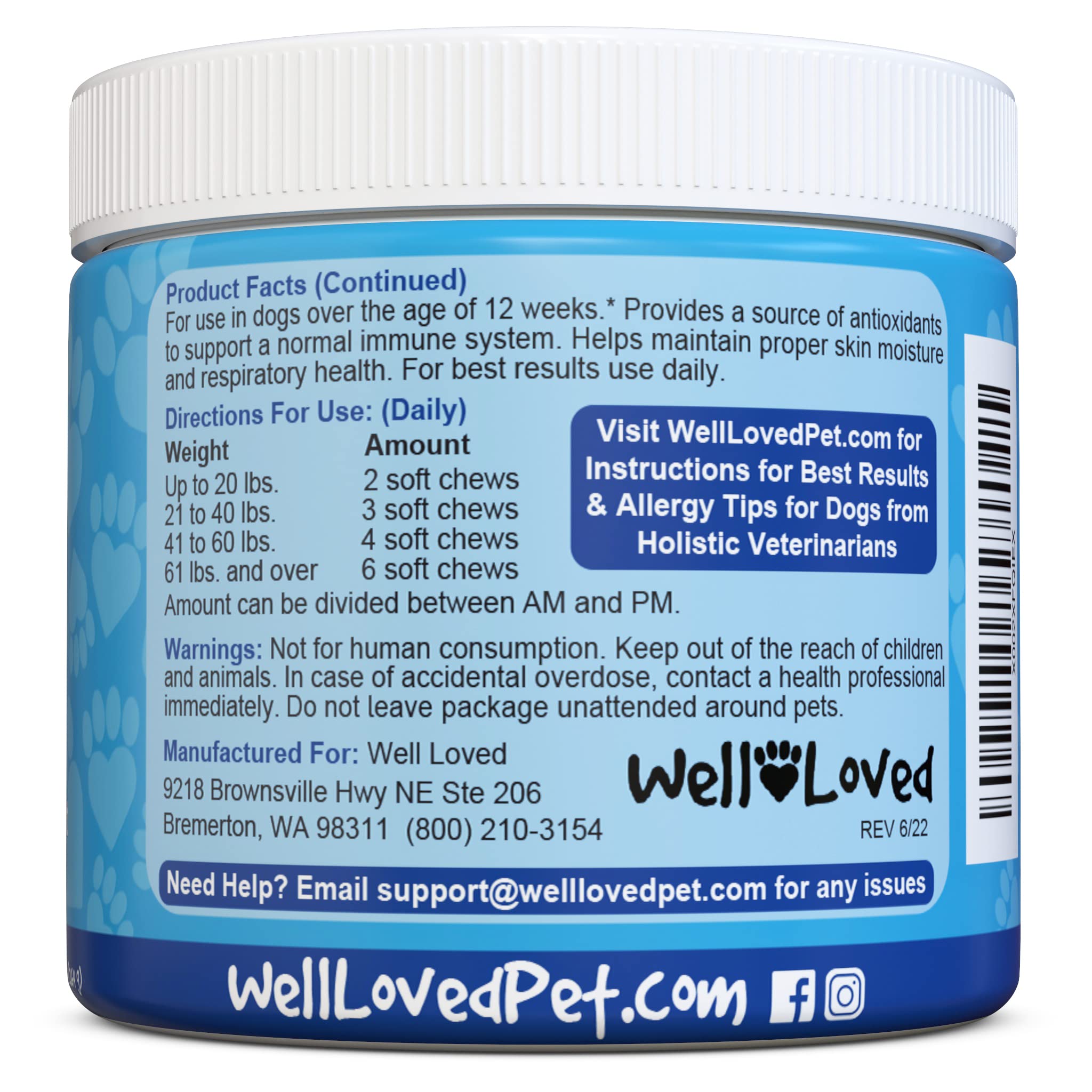 Well Loved dog allergy chews natural ingredients banner communicates holistic approach.