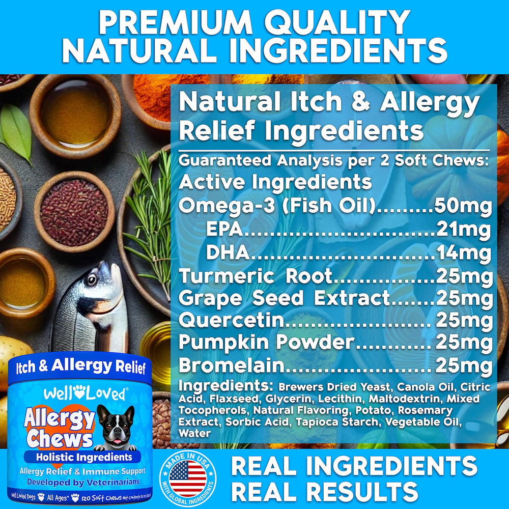 Well Loved dog allergy chews highlight omega-3 benefits for skin and coat health.