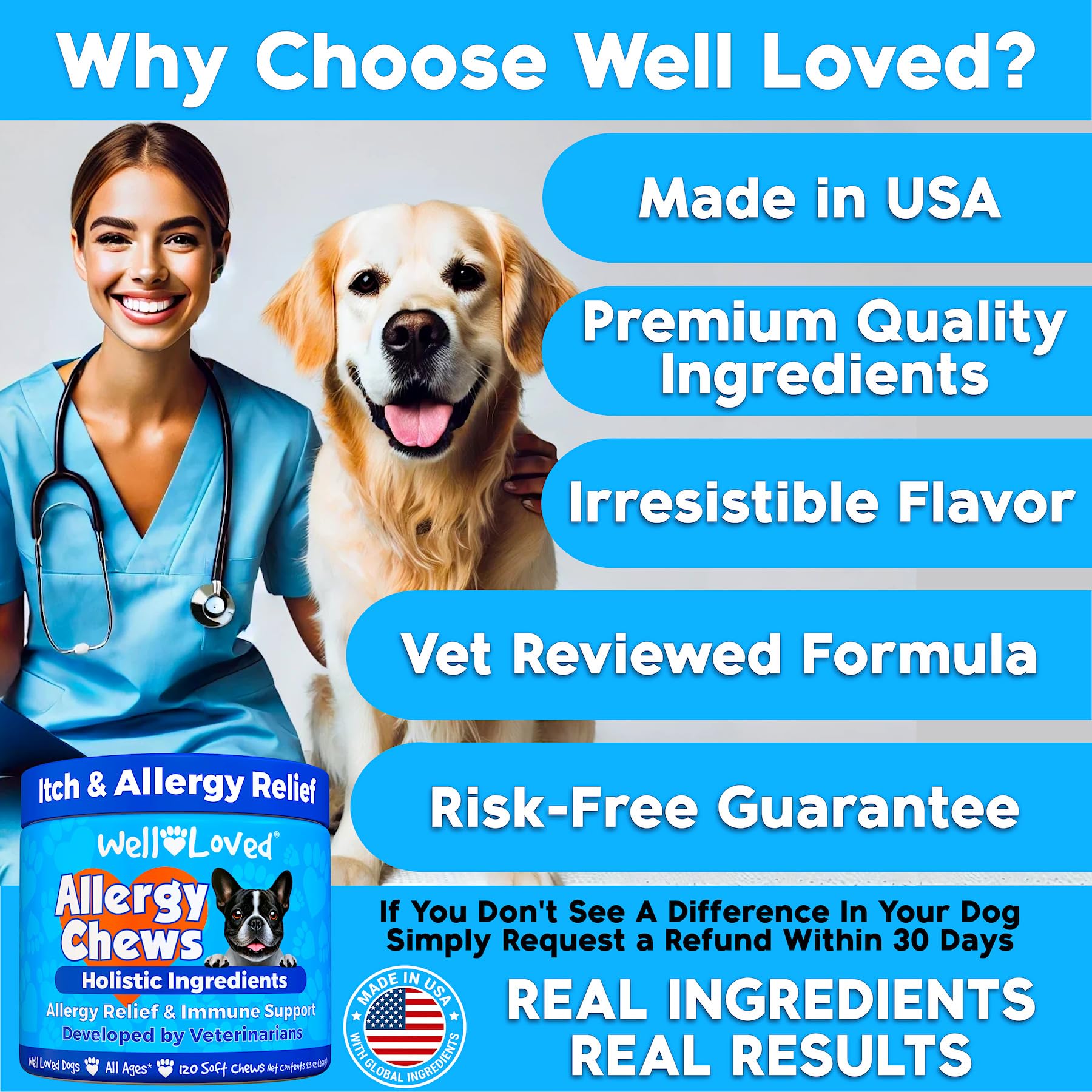 Well Loved dog allergy chews with quercetin and bromelain illustrated for immune and inflammation support.