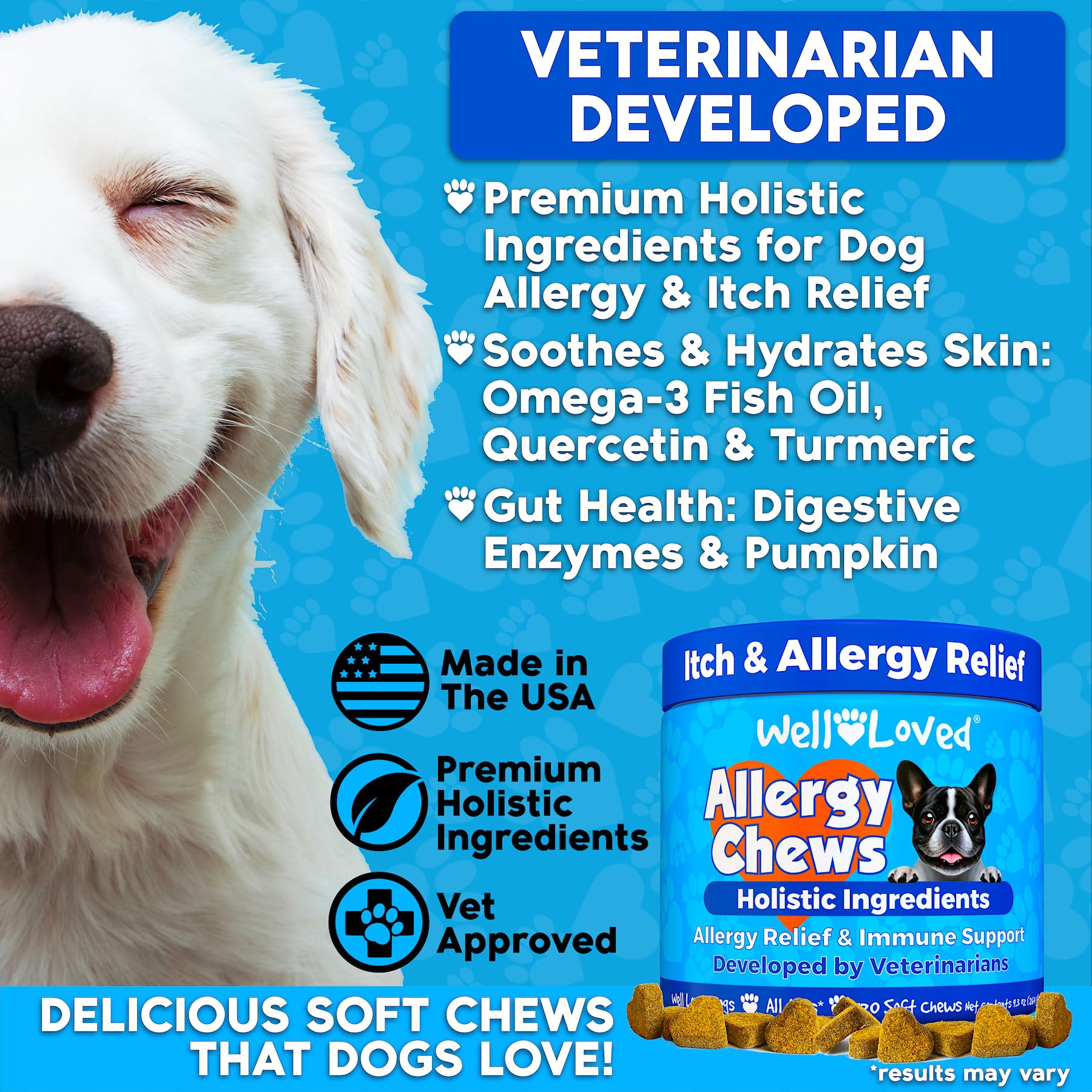 Well Loved dog allergy chews soft chews shown, easy to administer and tasty for dogs.