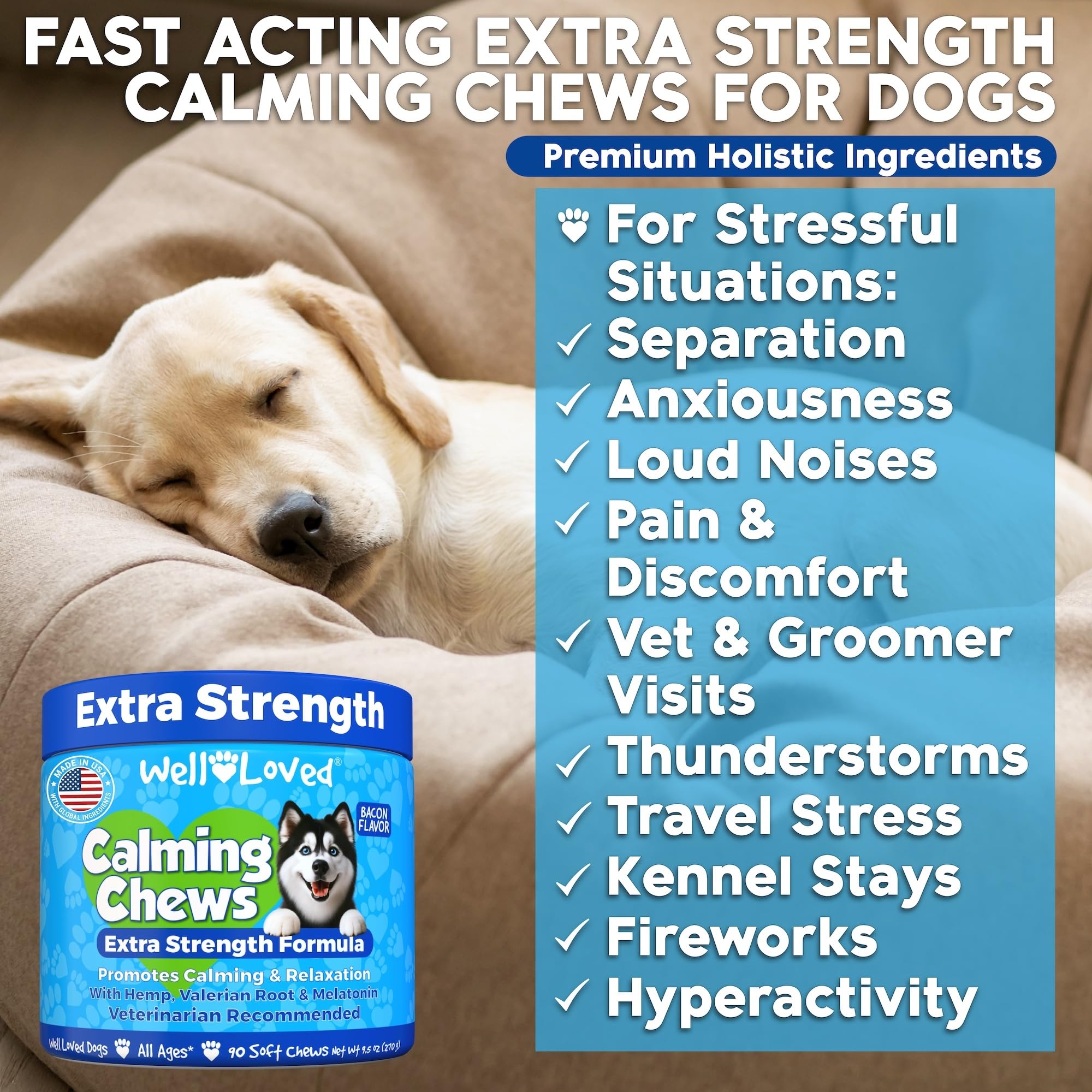 Well Loved Bacon Flavor Calming Chews dog treat pack, tasty and soothing.