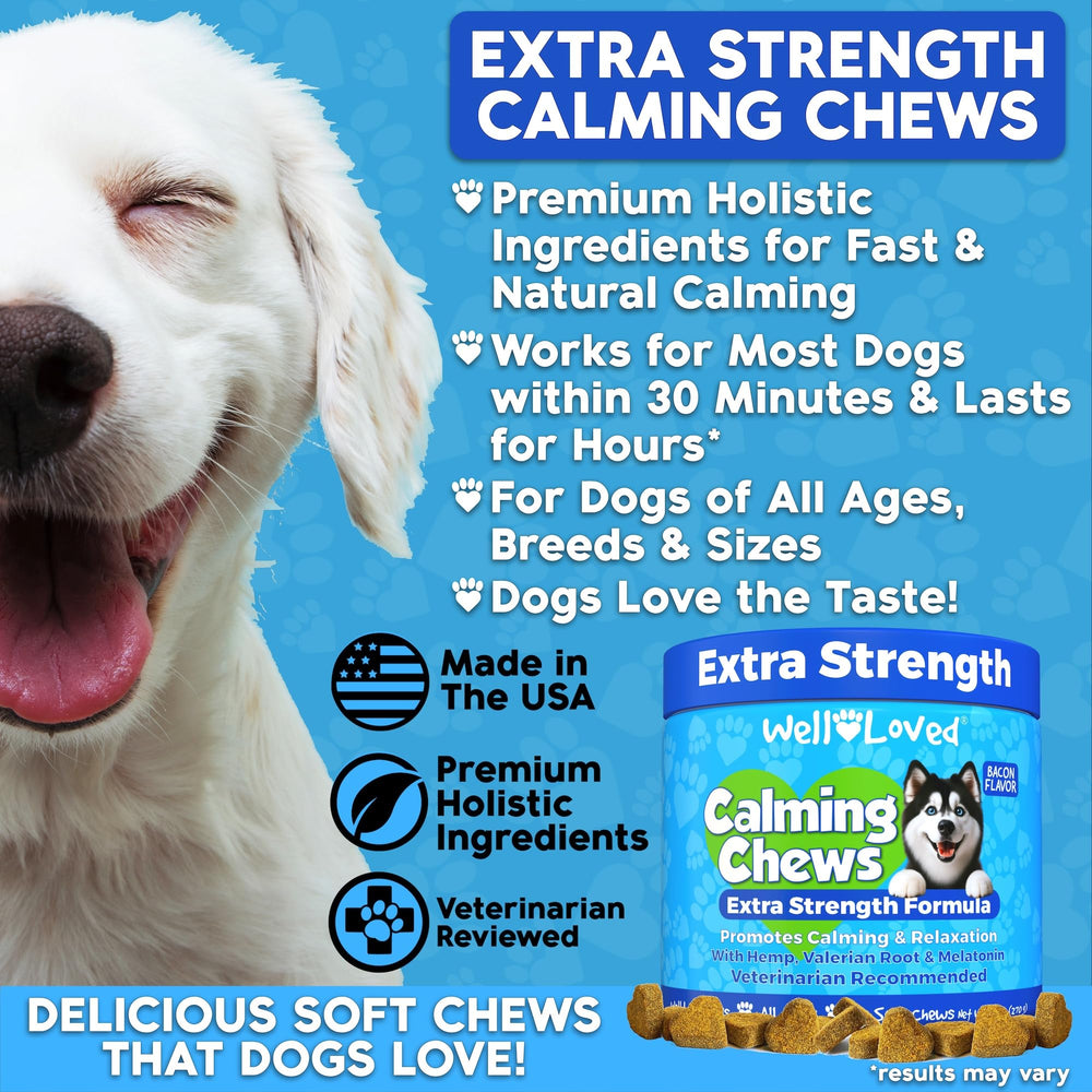 Well Loved Extra Strength Calming Chews for dogs for longer calm periods.