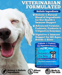 Well Loved Probiotics for Dogs bottle and label emphasizing USA-made, vet-developed ingredients for canine gut health