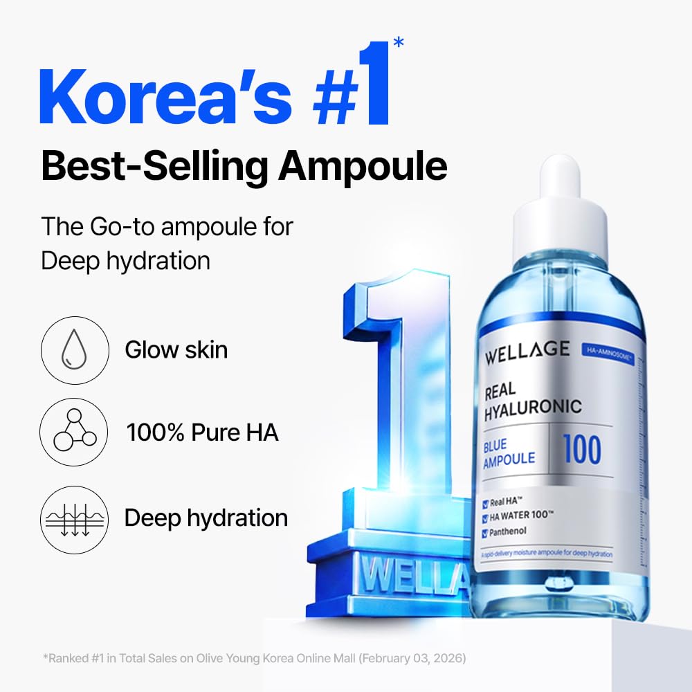 WELLAGE Real Hyaluronic Blue Ampoule 100 cap close-up highlights premium packaging.