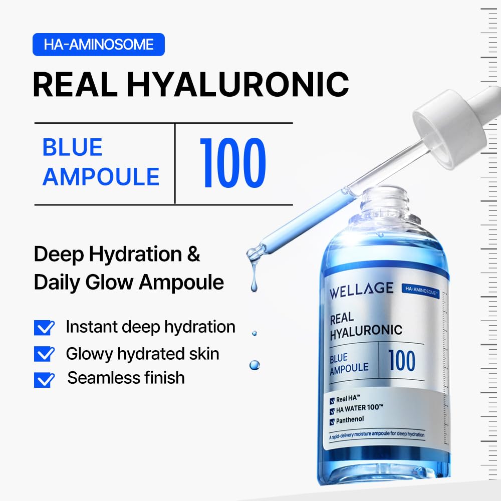 WELLAGE Real Hyaluronic Blue Ampoule 100 serum on hand shows lightweight hydration for dry skin.