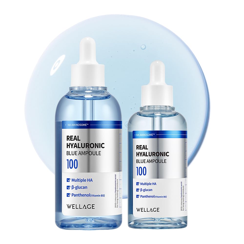 WELLAGE Real Hyaluronic Blue Ampoule bottle closeup shows premium hydration packaging