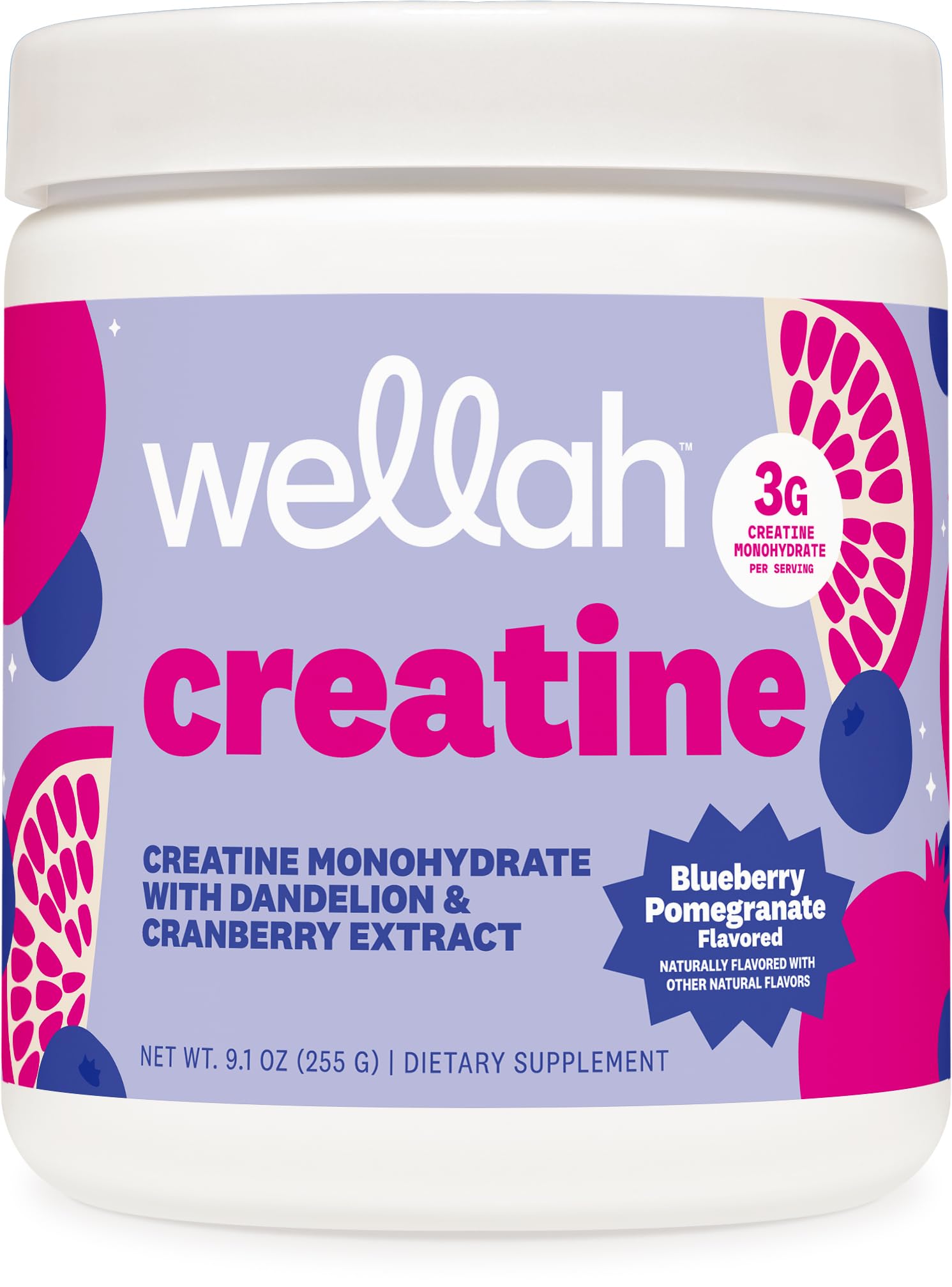 Wellah Creatine for Women bottle in Blueberry Pomegranate, supports workout stamina