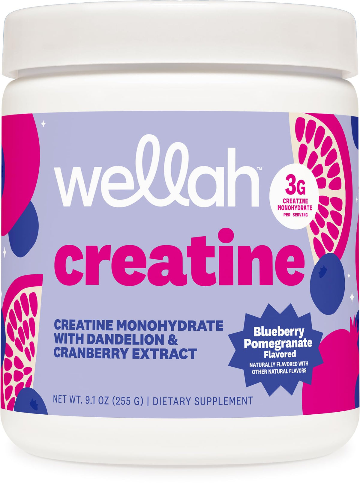 Wellah Creatine for Women bottle in Blueberry Pomegranate, supports workout stamina