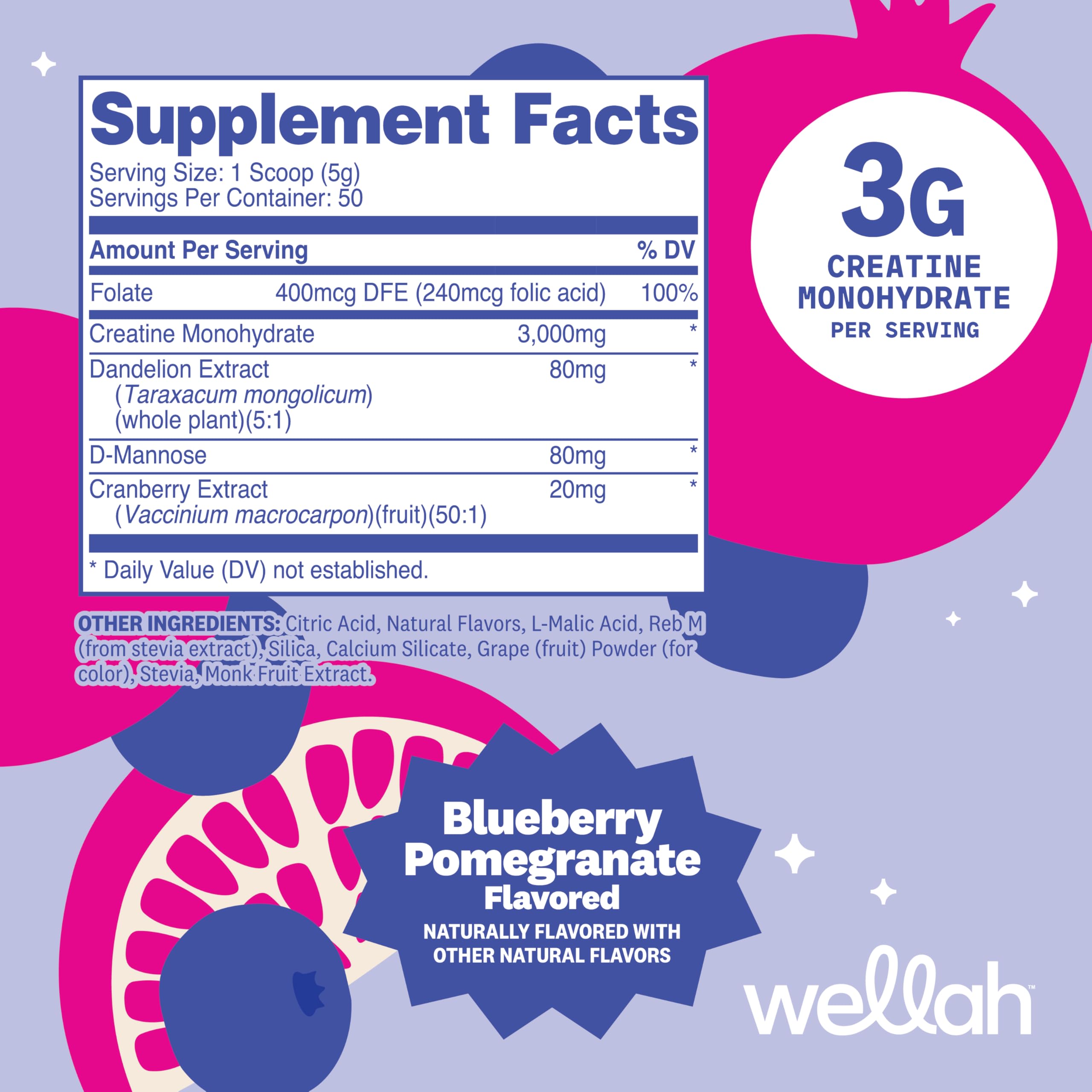 Wellah Creatine for Women label close-up, showing quality and third-party testing