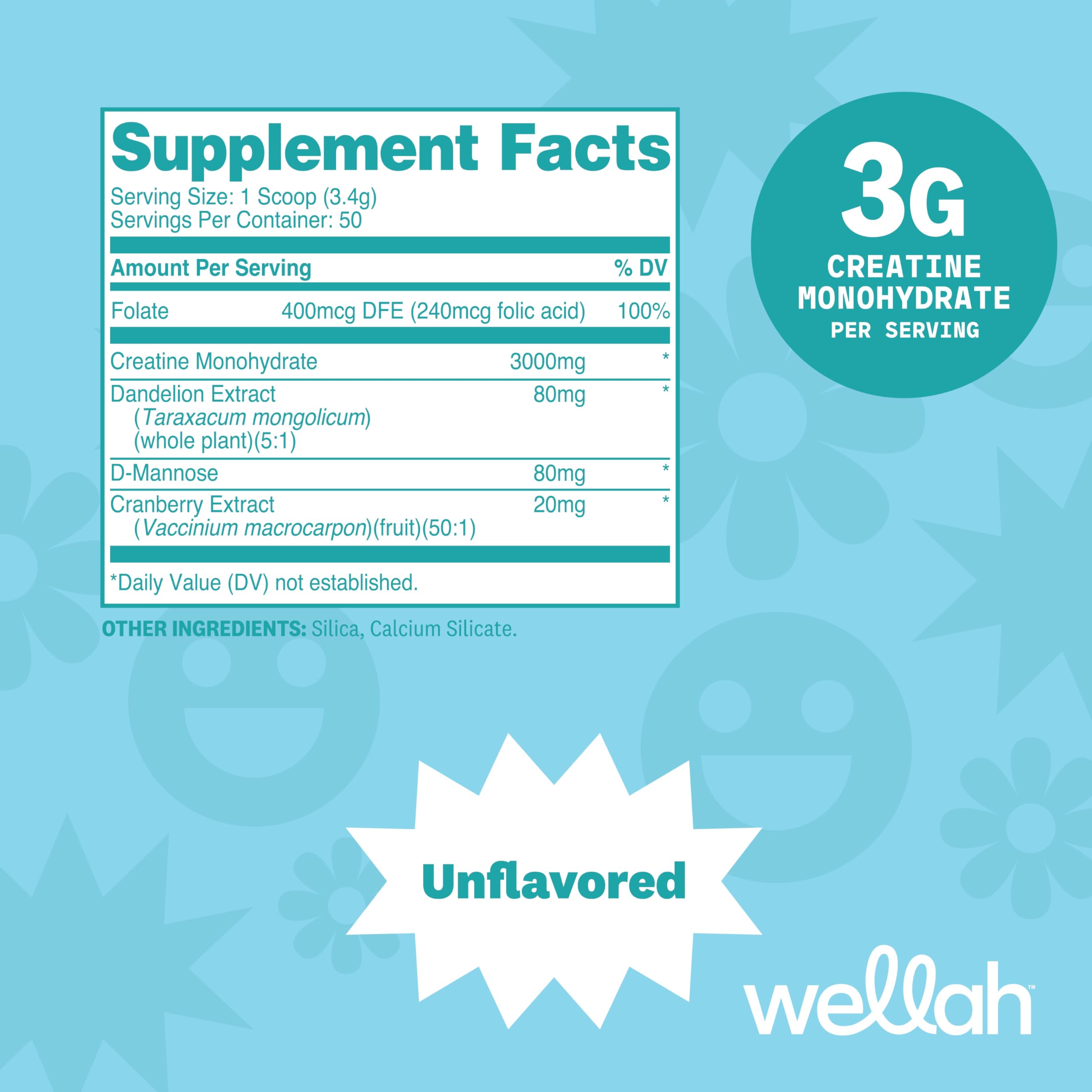 Wellah Creatine for Women ingredient panel with dandelion and cranberry extract