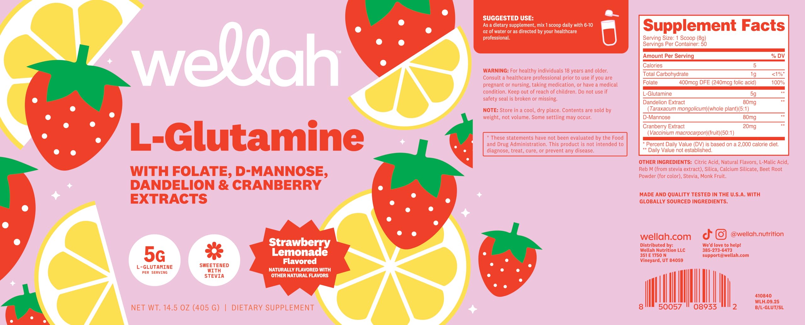 Measuring scoop of Wellah L-Glutamine Strawberry Lemonade