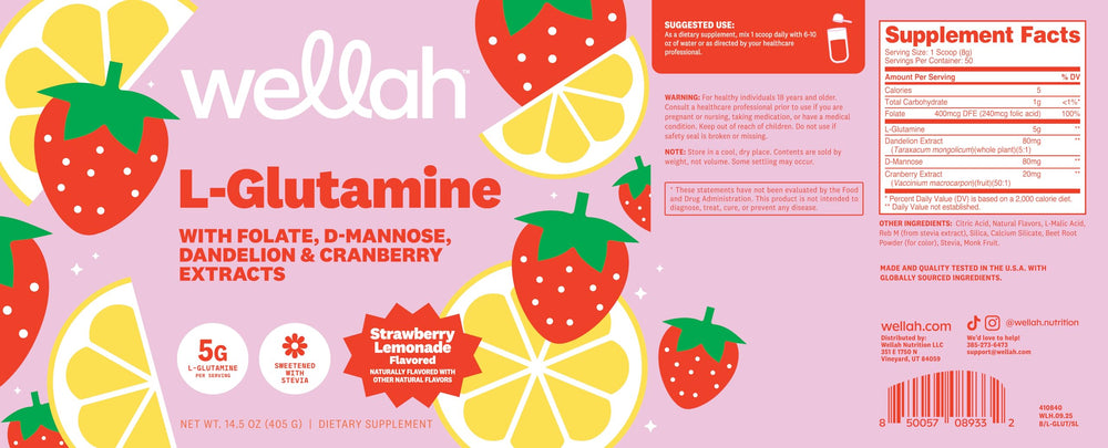 Measuring scoop of Wellah L-Glutamine Strawberry Lemonade