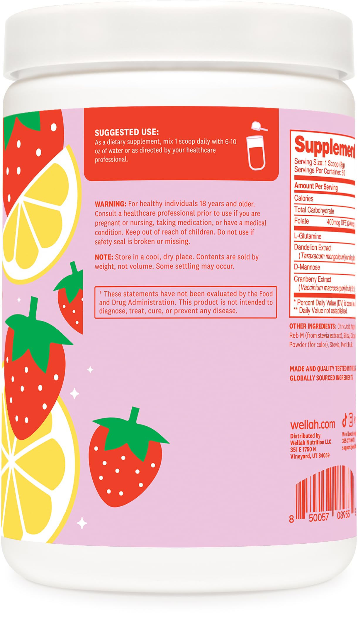 Close-up of Wellah L-Glutamine label with GMP badge