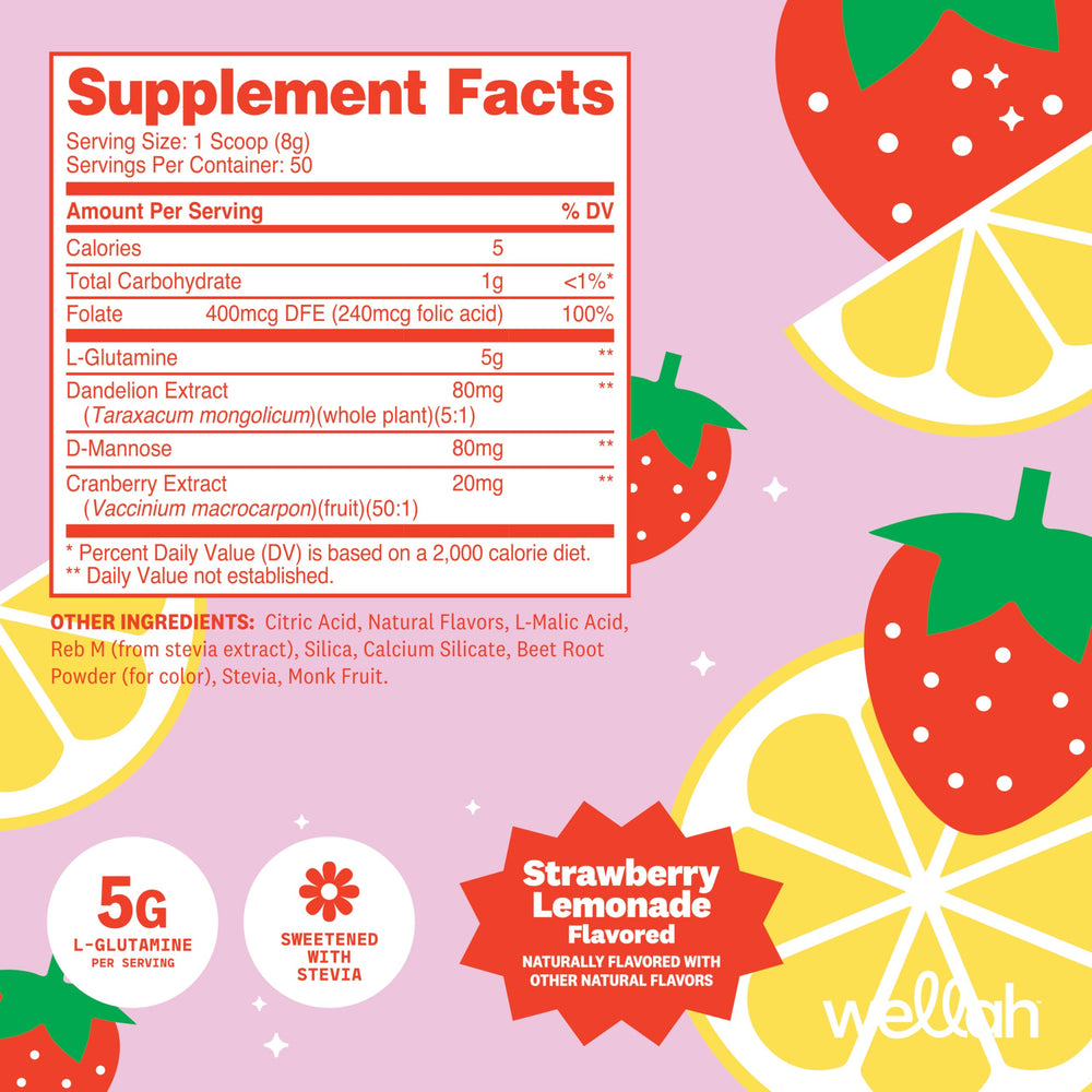 Pouring Wellah L-Glutamine Strawberry Lemonade into a glass
