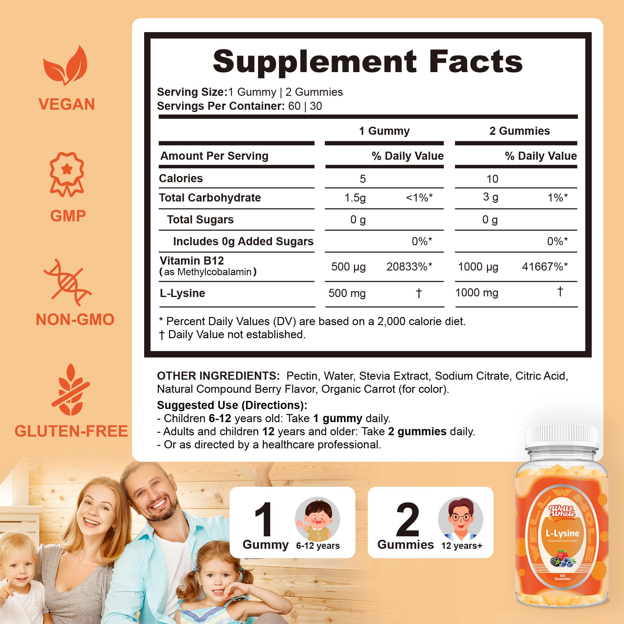 Well&Whole L-Lysine Gummies ingredients close-up with lysine and B12