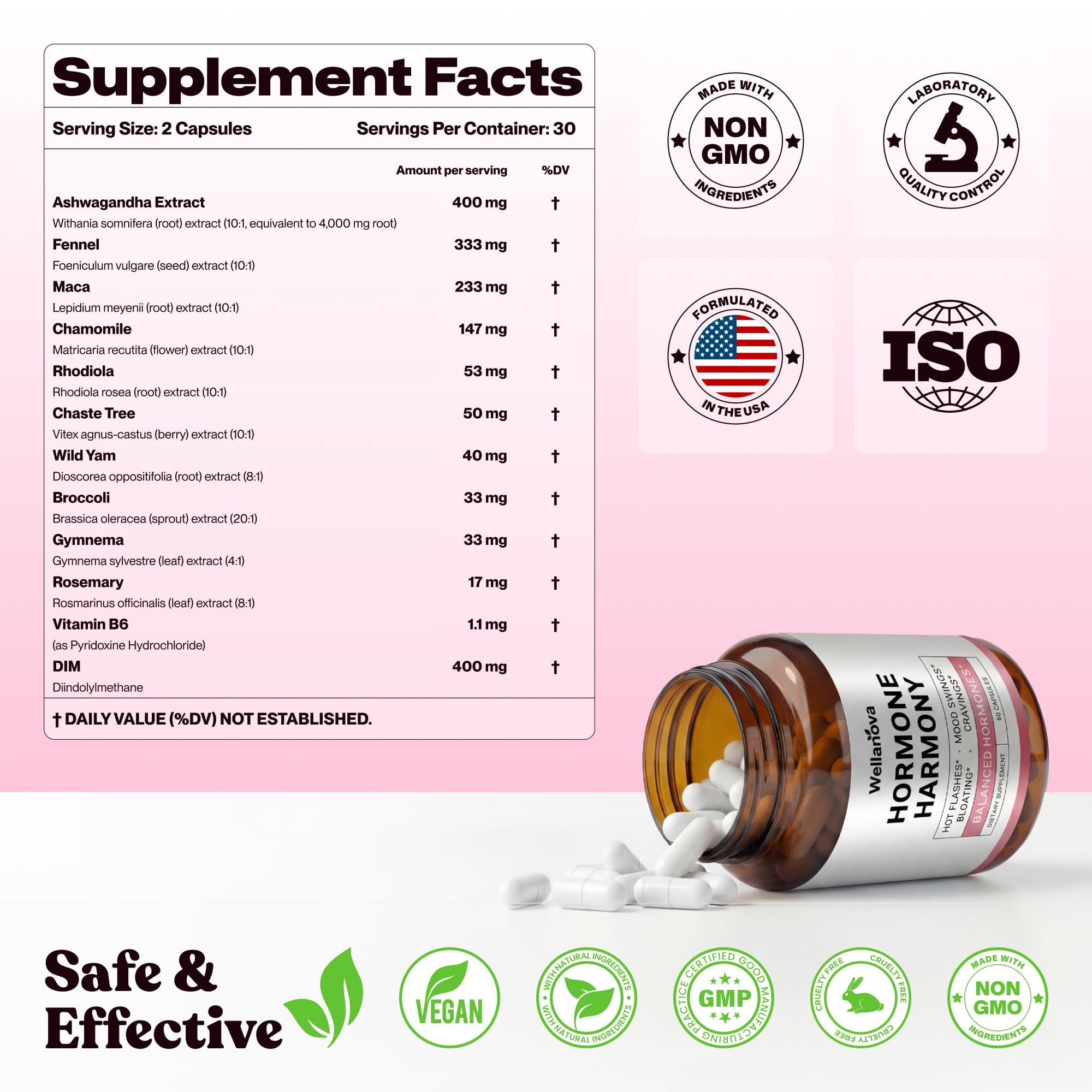 Daily-use scene with Wellanova Hormone Harmony capsules and a glass of water