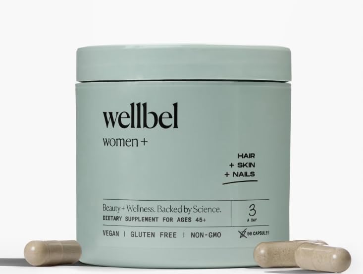 WELLBEL Women+ bottle label highlights vegan, gluten-free formula for hair and skin