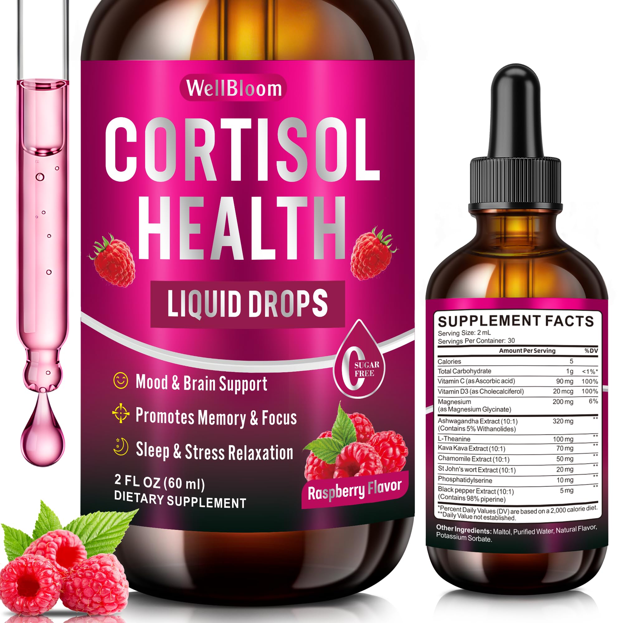 WellBloom cortisol reducer bottle shows premium drops for daily stress relief.