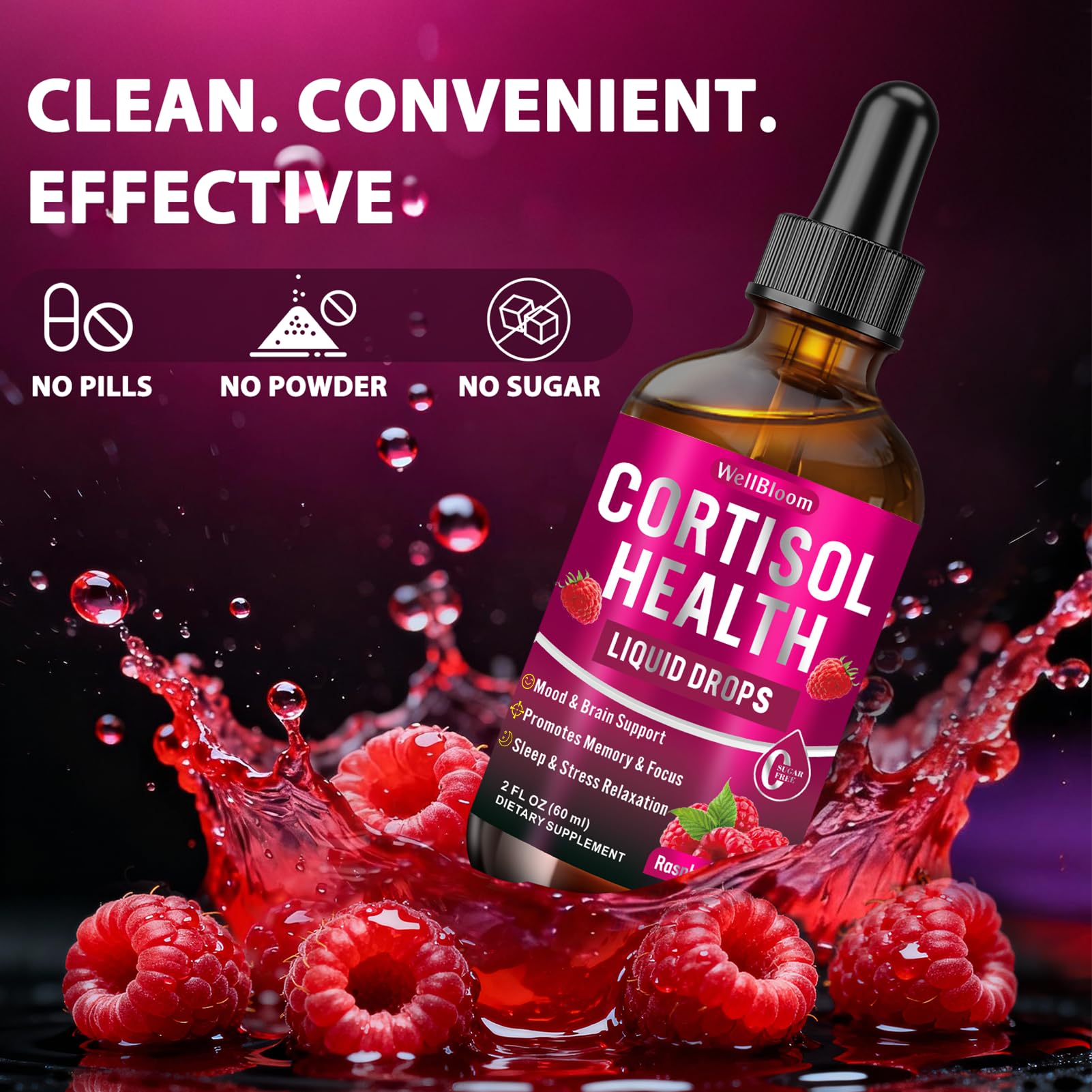 WellBloom cortisol reducer 2 fl oz serving size for daily use.