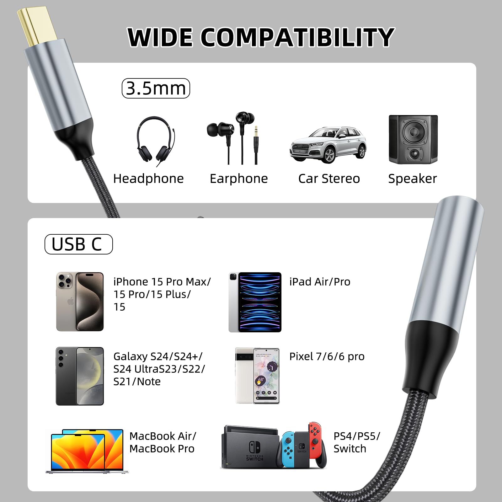 Welldiea adapter in use with headphones, supports hands-free calls