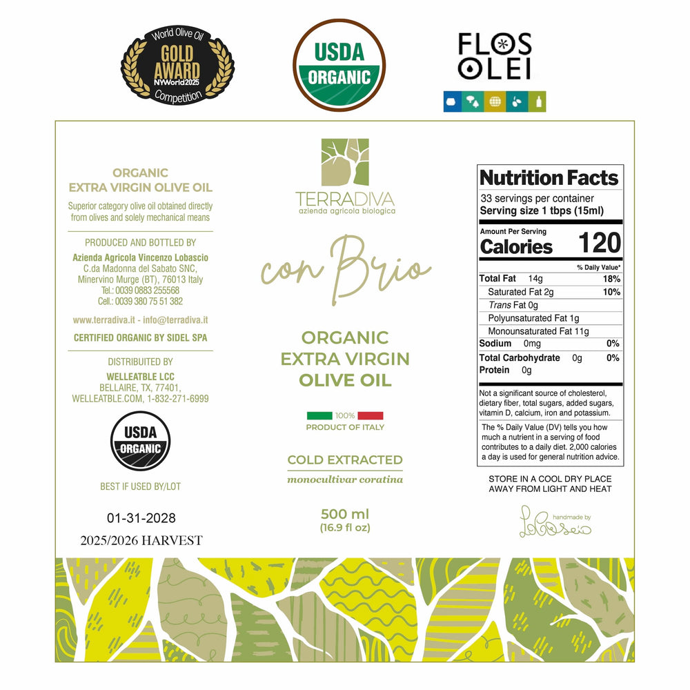 Close-up of WellEatable label showing organic, artisanal origin from Puglia.