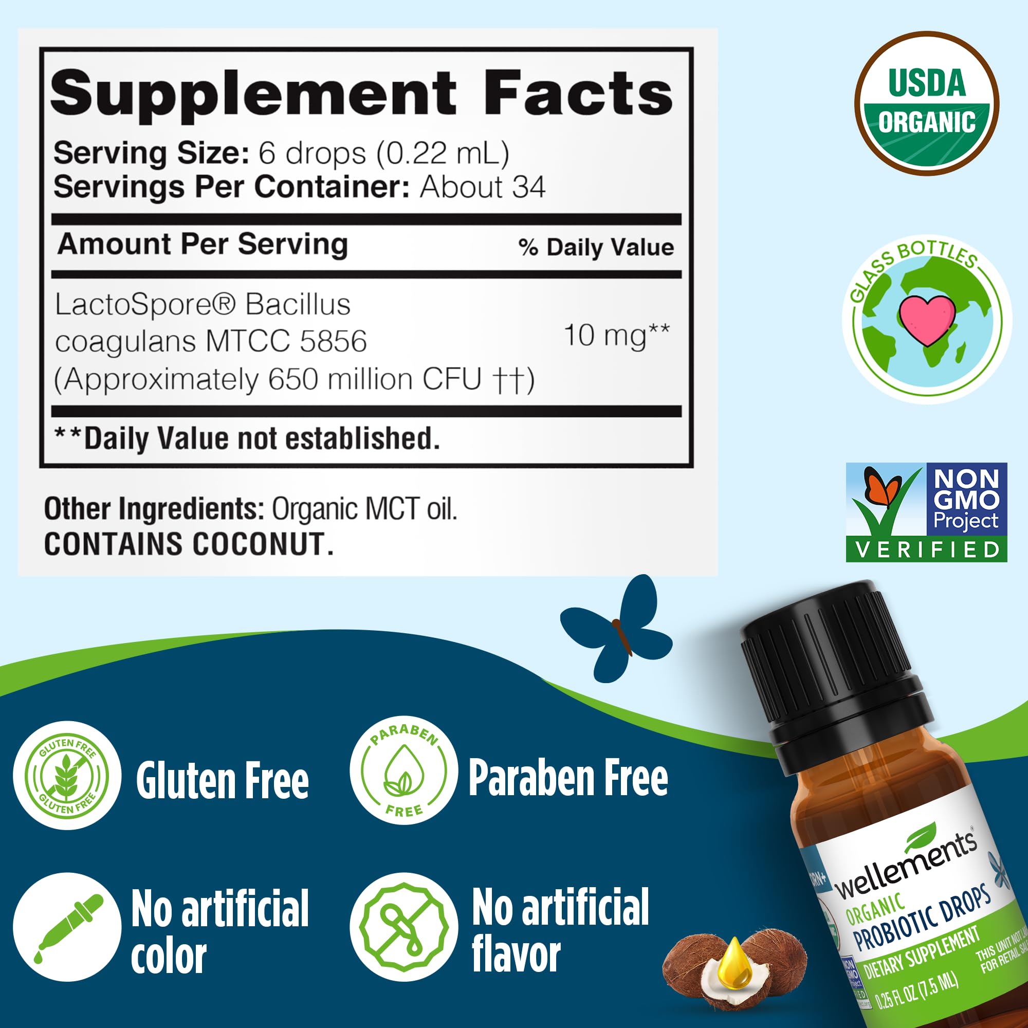 Wellements probiotic drops bottle-top communicates safety and organic formulation.